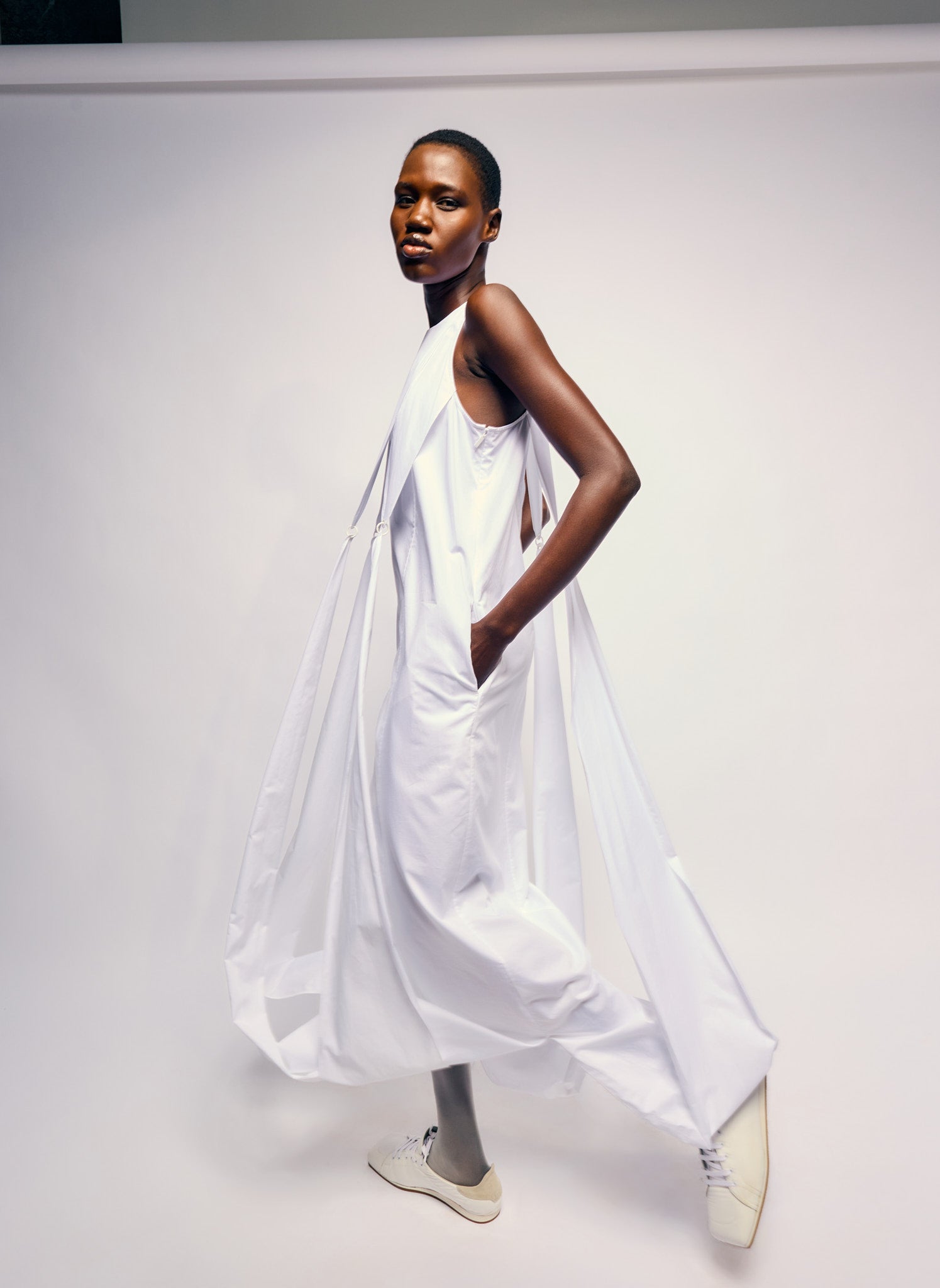 White Eco Poplin Halter Paneled Dress - editorial campaign on model