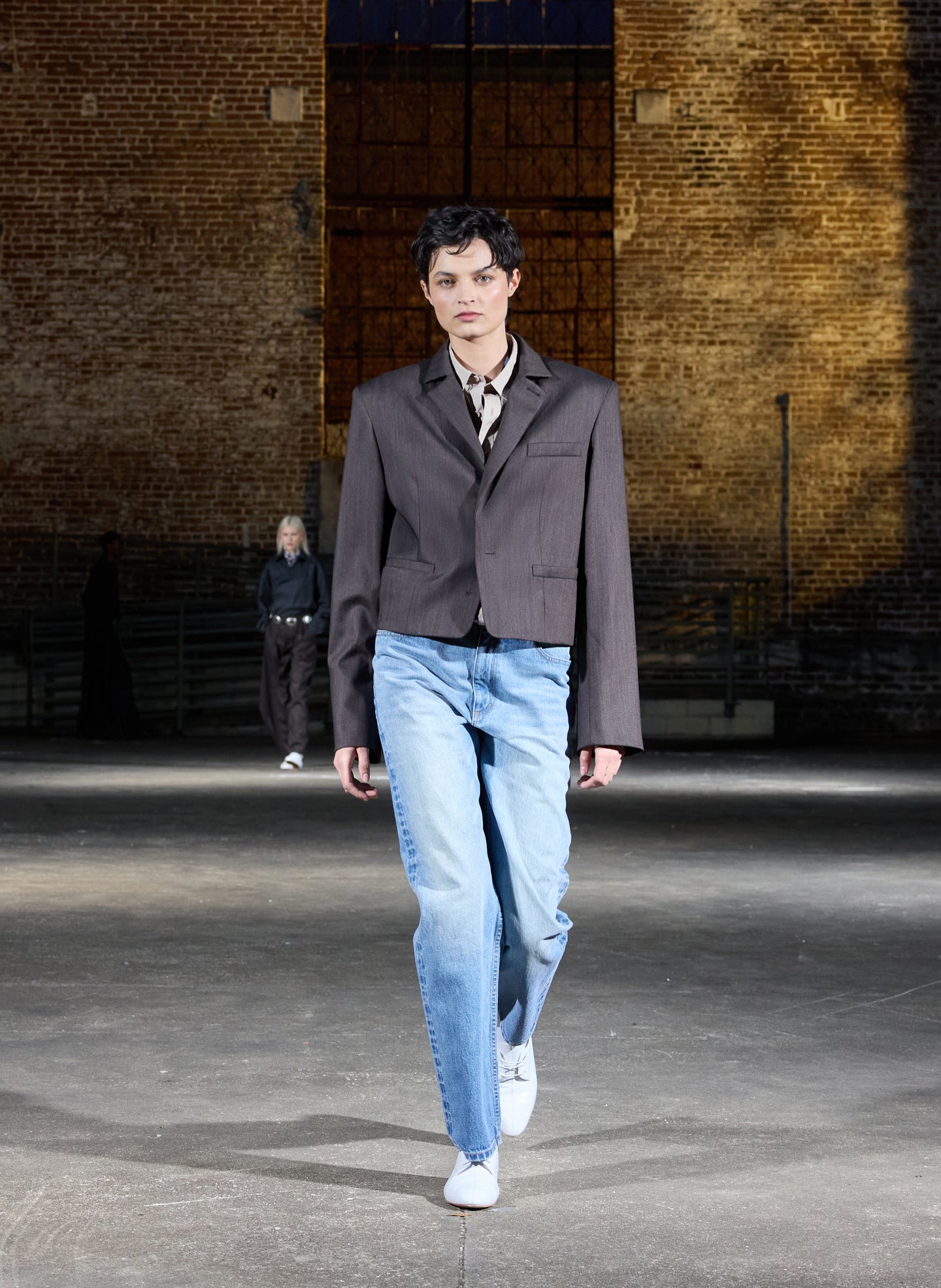 Brown Multi Herringbone Suiting Cropped Blazer - editorial image on model