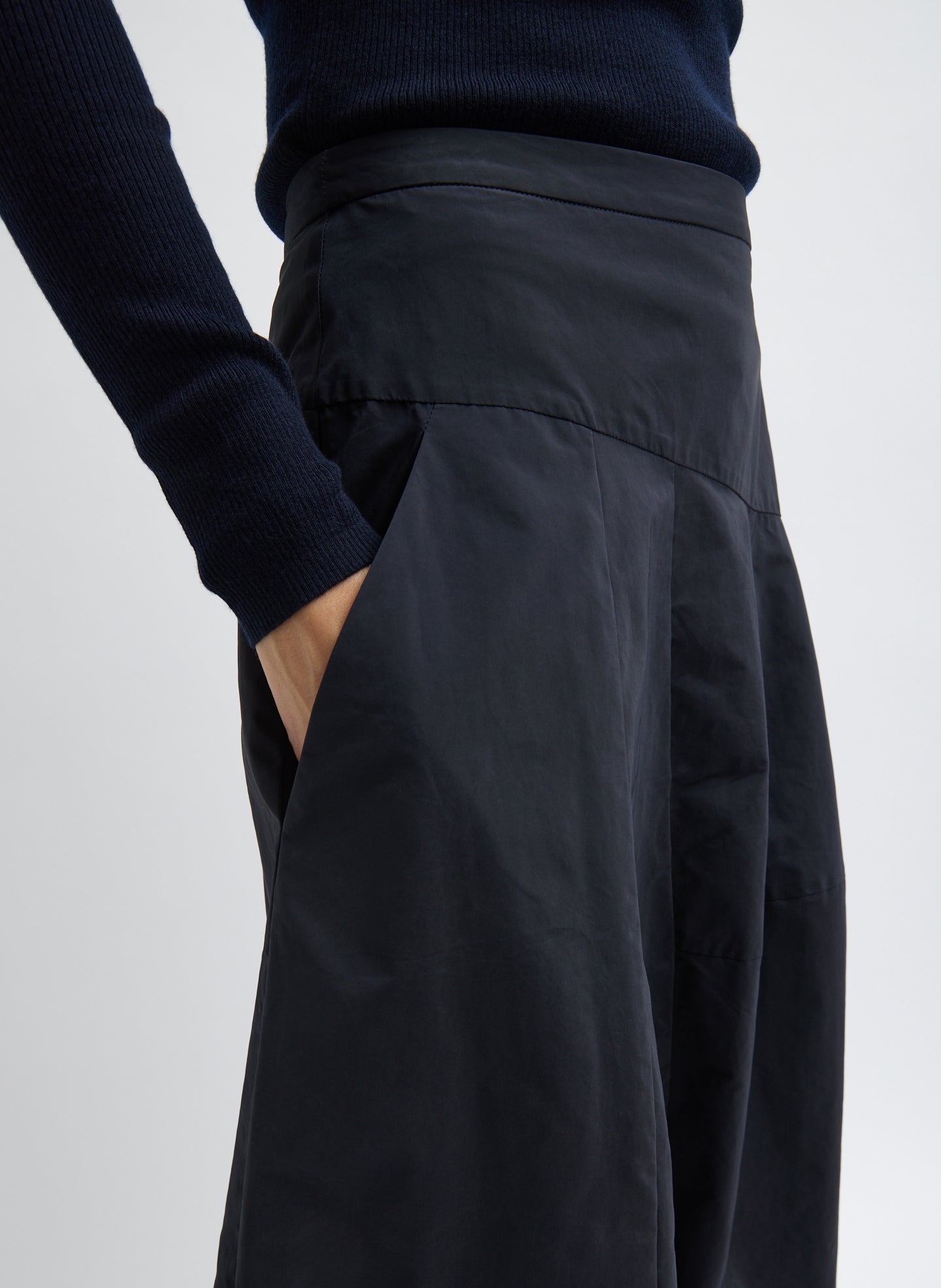 Navy Nylon Asymmetrical Balloon Skirt - closeup of side pocket detail