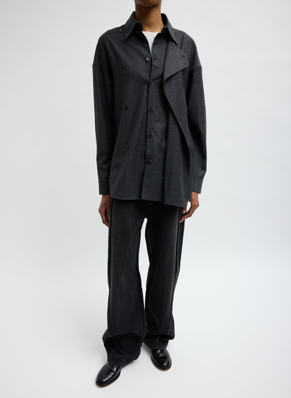 Dark Heather Grey Cozy Flannel Long Sleeve Shirt with Overlap Detail - full look, front view on model