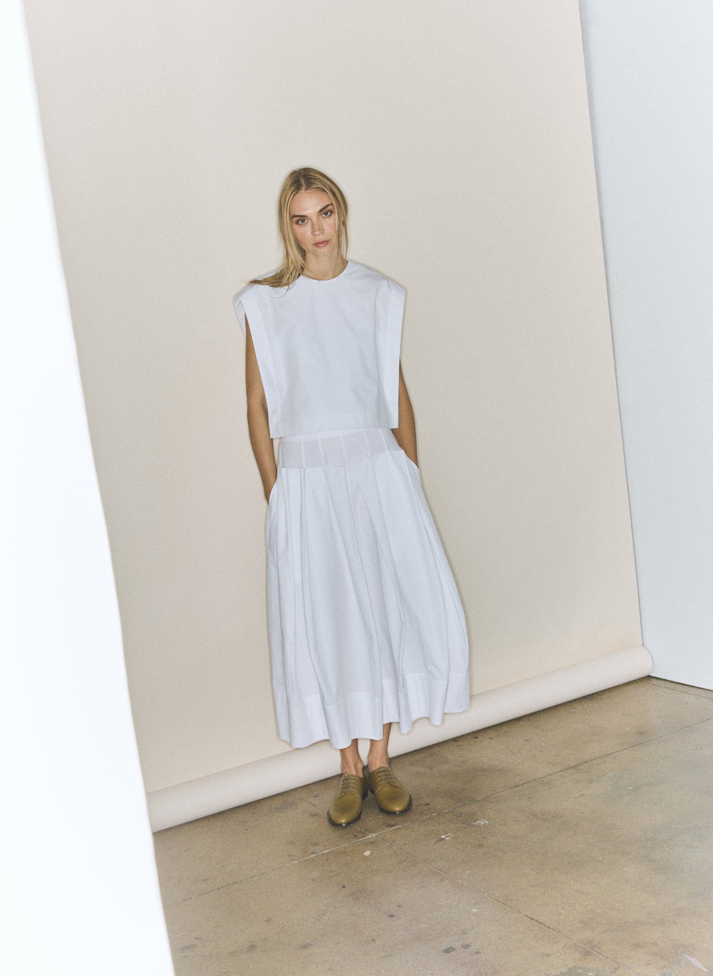 White Compact Eco Poplin Cropped Square Top - editorial image on model