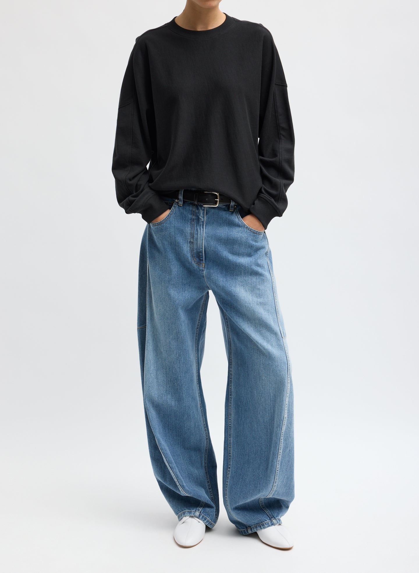 Classic Wash Denim Sid Jean - barrel leg jean, front view on model