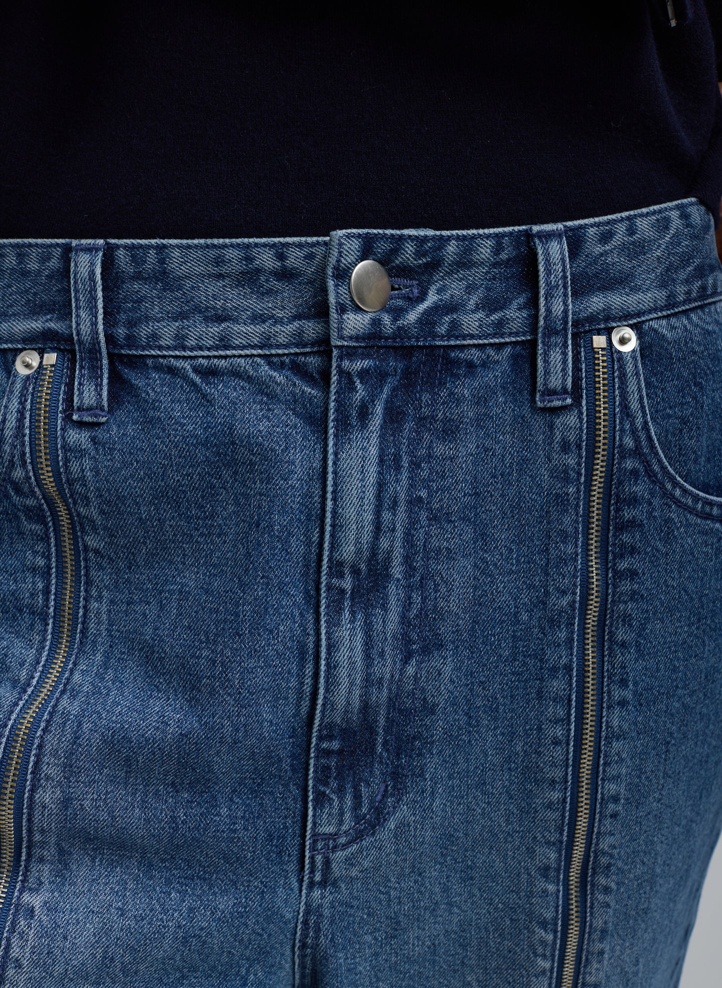 Classic Blue Zippered Denim Jogger - closeup of waistband