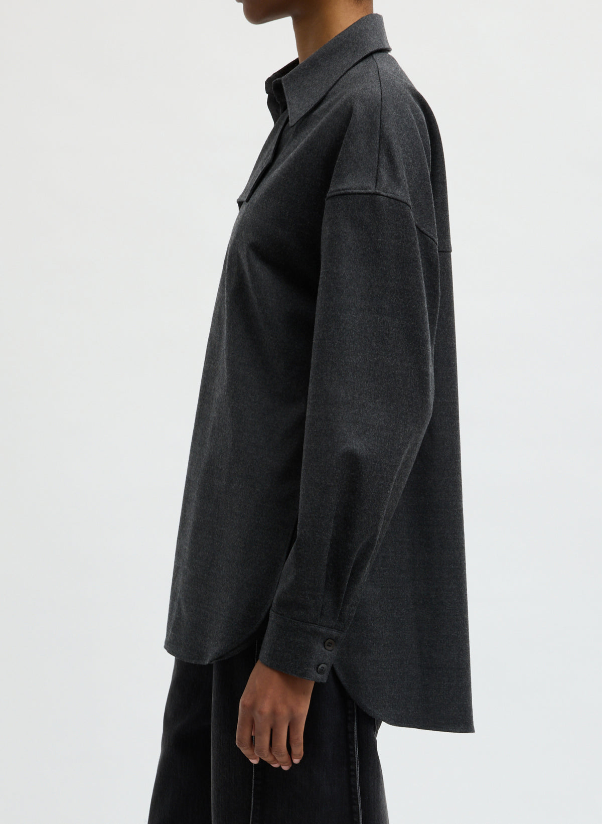 Dark Heather Grey Cozy Flannel Long Sleeve Shirt with Overlap Detail - side view on model