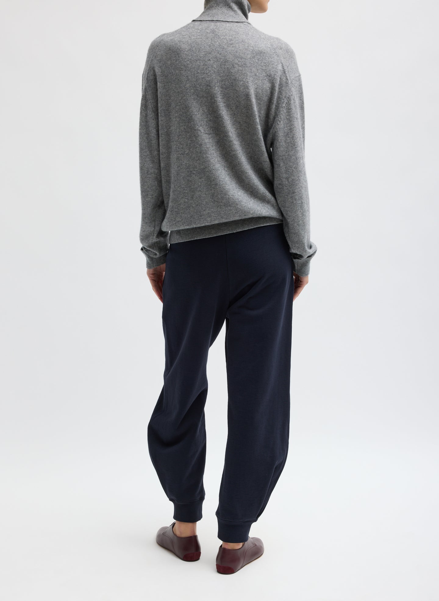 Navy Calder Sweatpant - barrel leg sweatpant, back view on model
