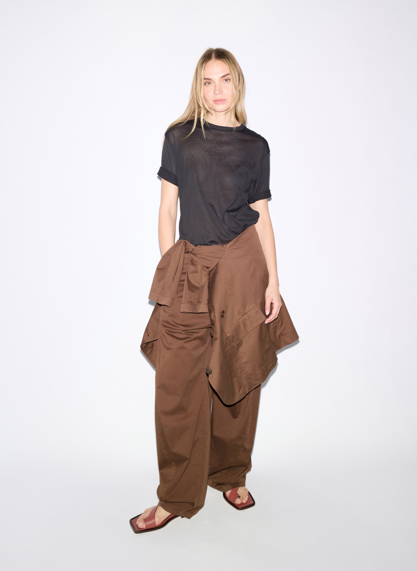 Black Sheer Crepe Knit Mock Neck Unisex T-Shirt - editorial image on model