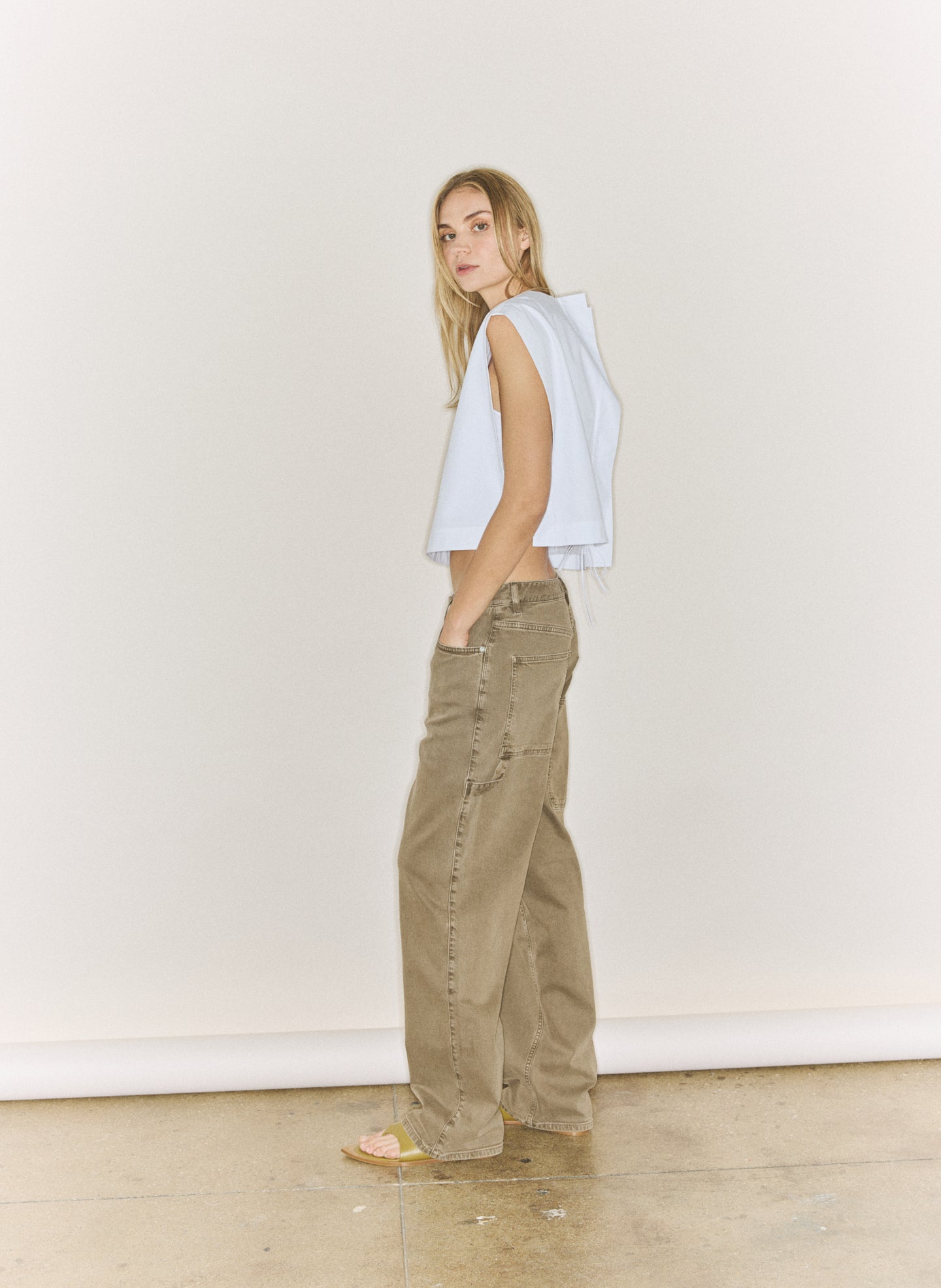 White Compact Eco Poplin Cropped Square Top - editorial image on model