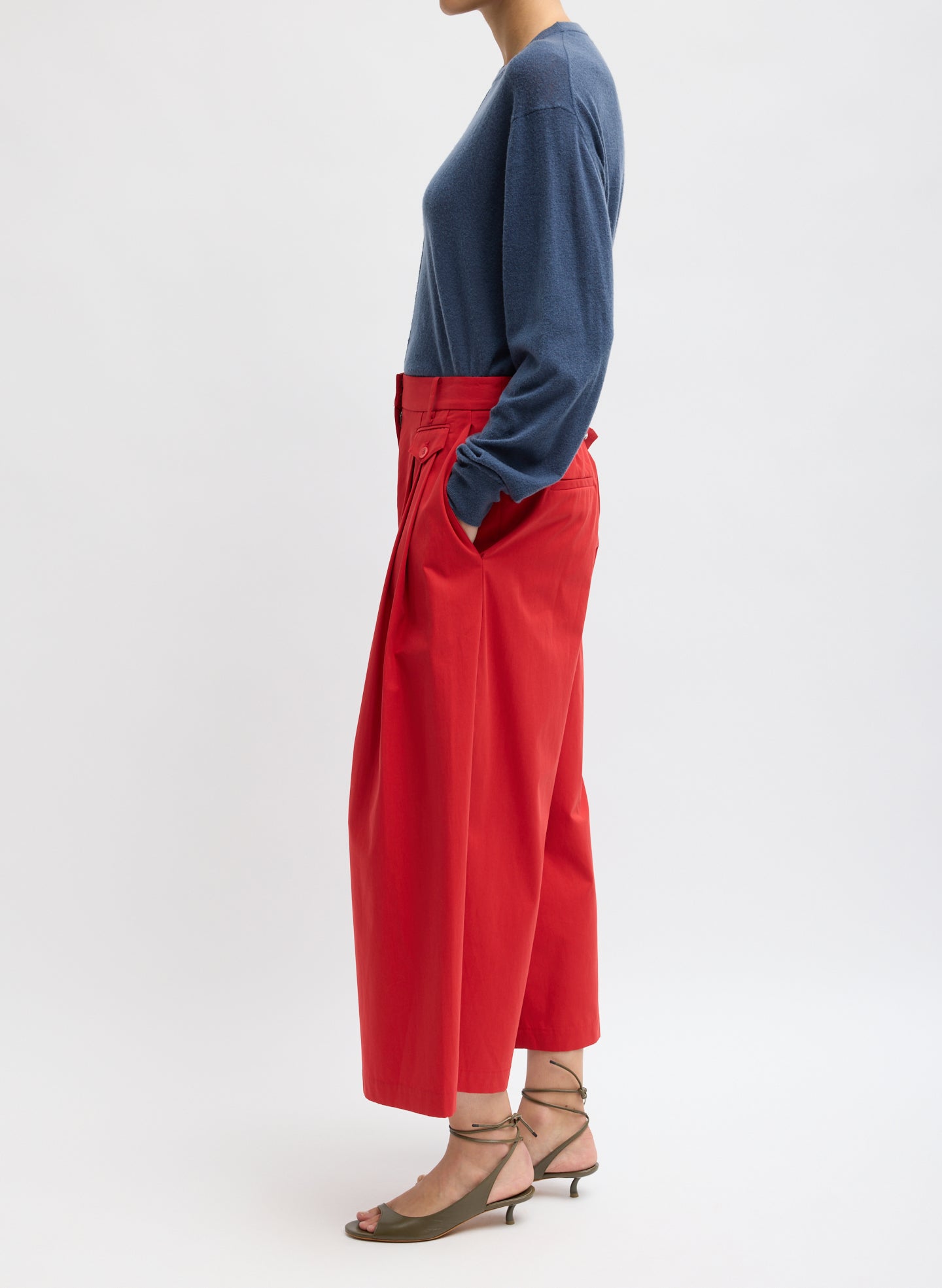 Red Bio Twill Triple Pleat Cropped Pant - wide leg, pleated, cropped pant, side view on model