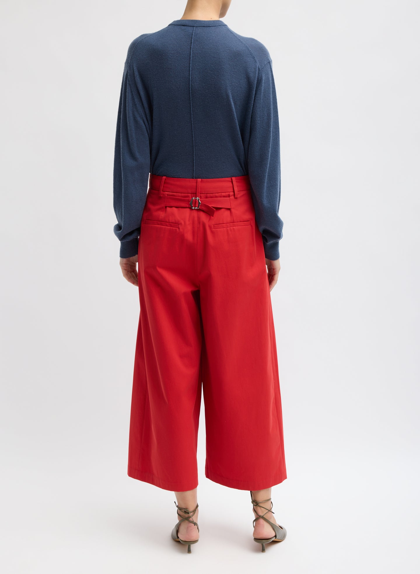 Red Bio Twill Triple Pleat Cropped Pant - wide leg, pleated, cropped pant, back view on model