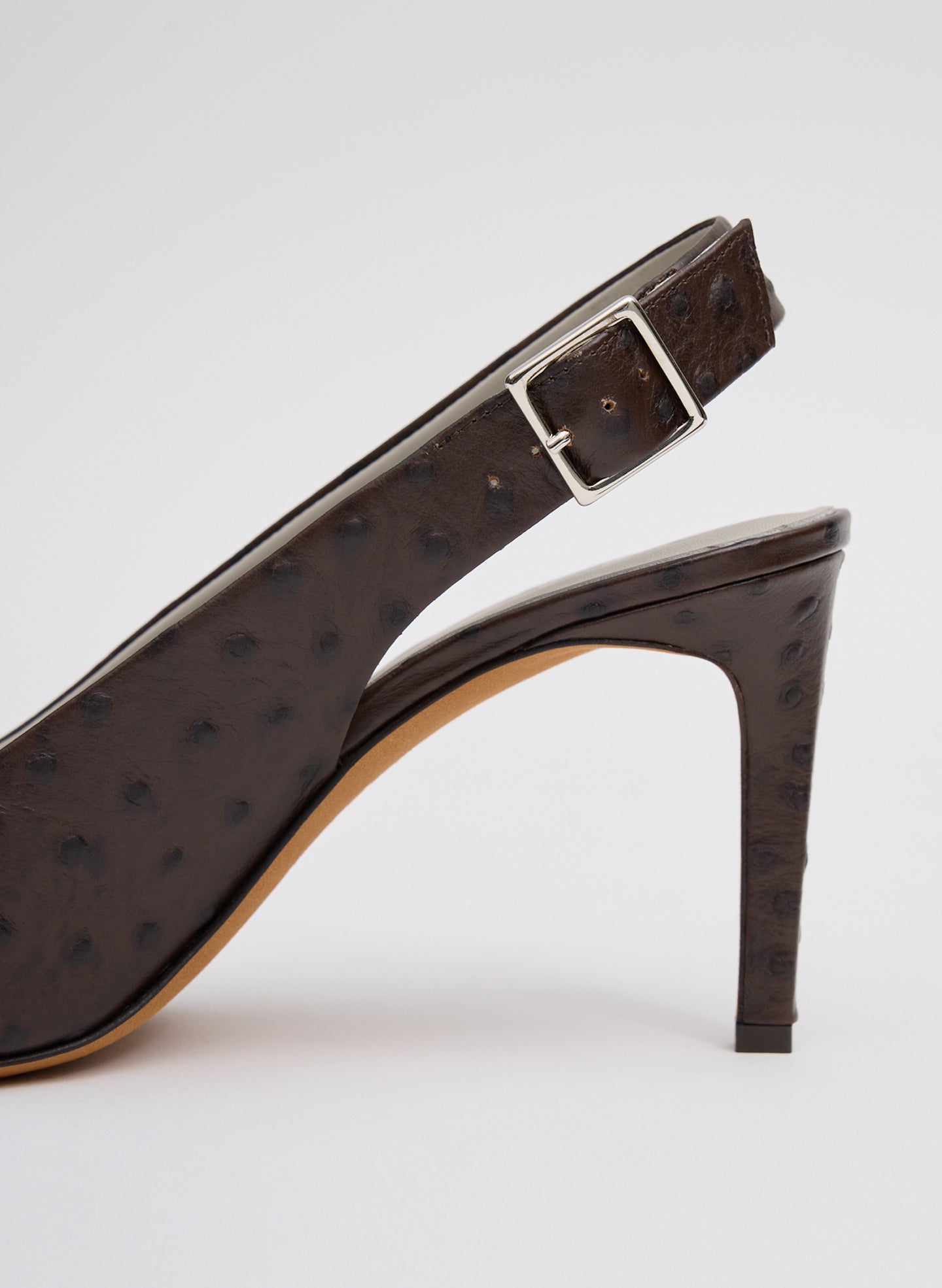 Dark Brown Ostrich Printed Reyner Pump - closeup of buckle detail at strap