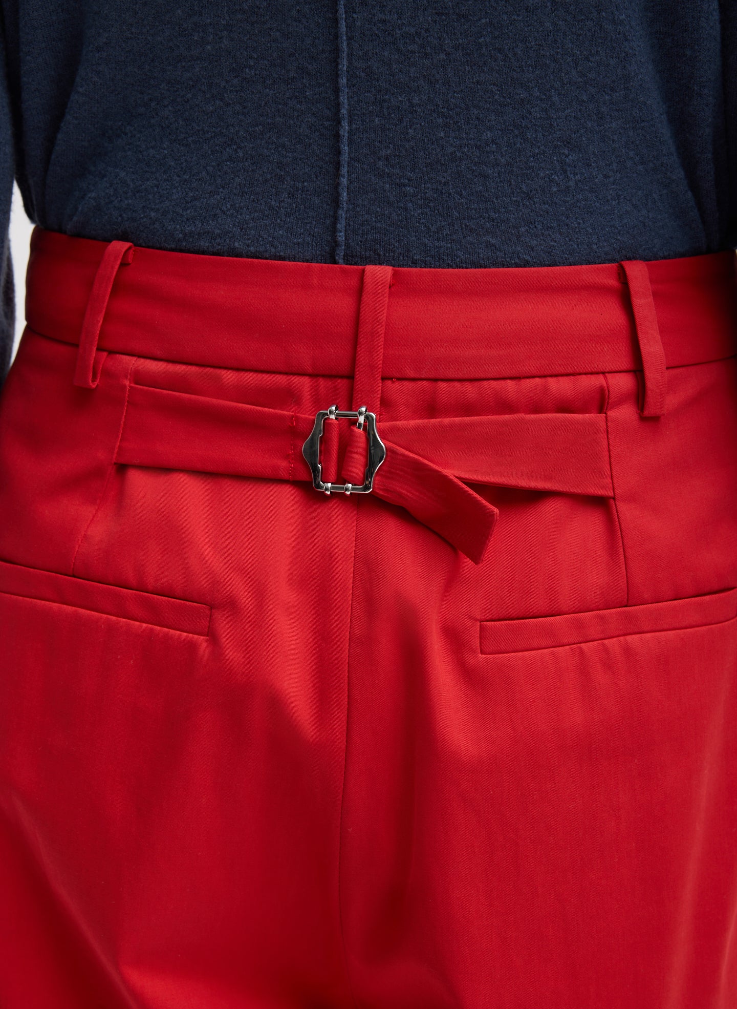 Red Bio Twill Triple Pleat Cropped Pant - closeup of back belt detail