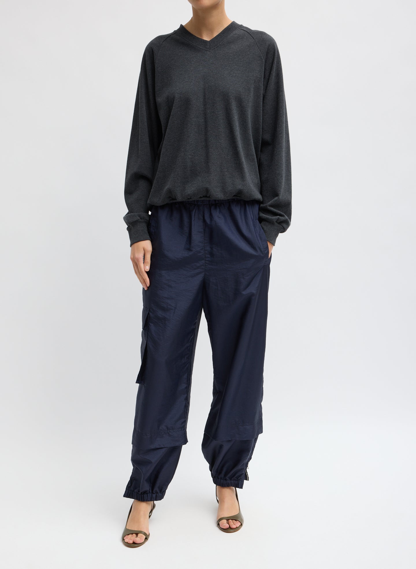 Navy Crispy Nylon Wilt Pull On Jogger - front view on model