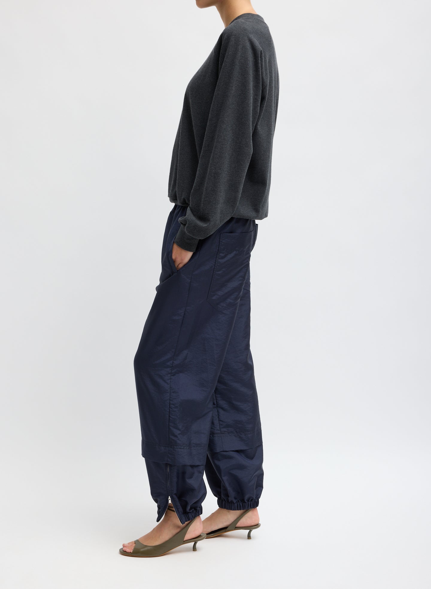 Navy Crispy Nylon Wilt Pull On Jogger - side view on model