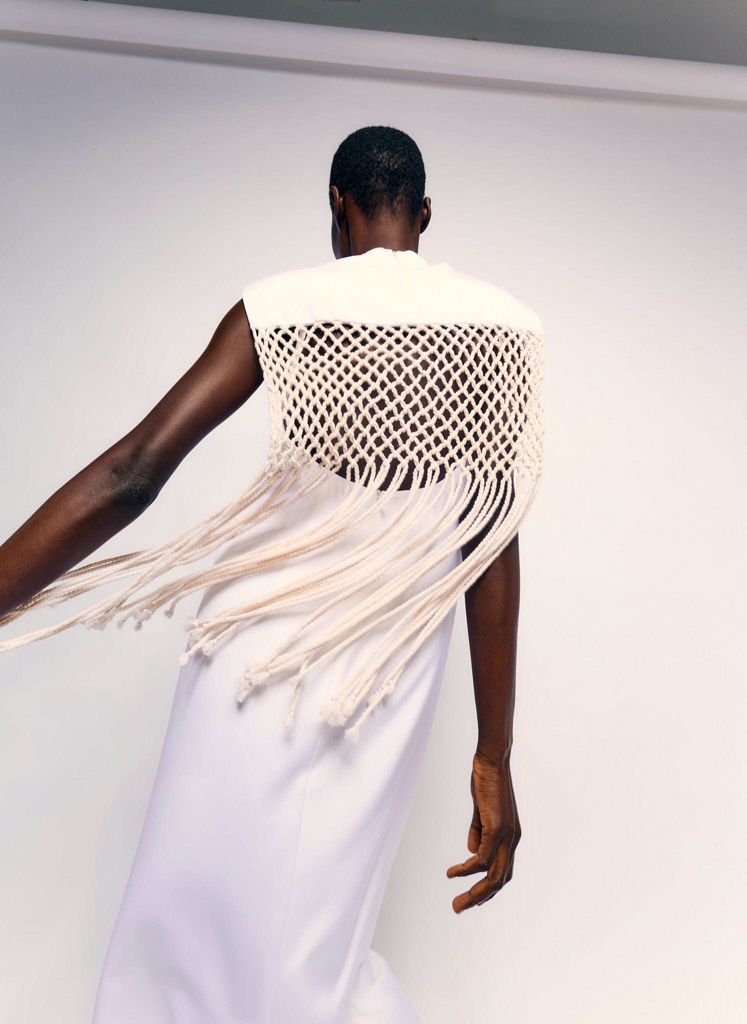 White Stretch Silk Nylon Macrame Dress - editorial campaign on model