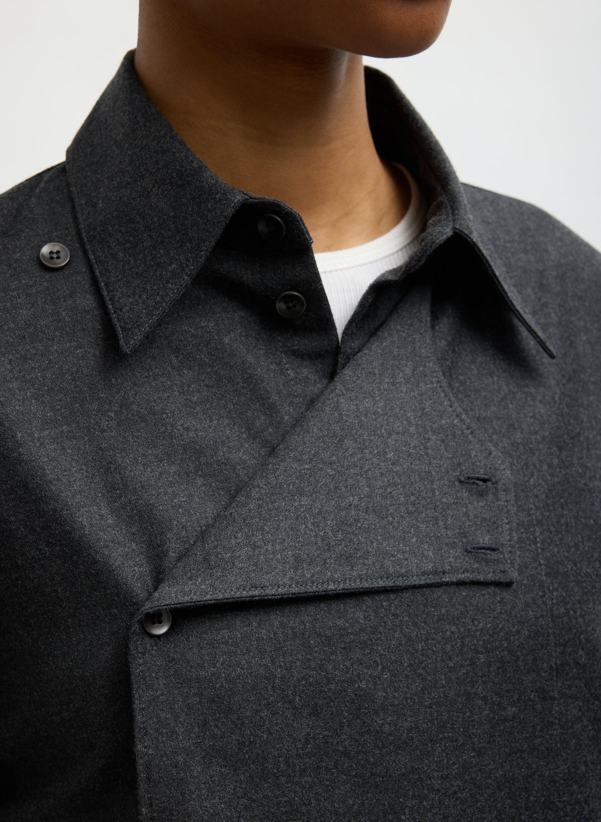 Dark Heather Grey Cozy Flannel Long Sleeve Shirt with Overlap Detail - closeup of button front detail