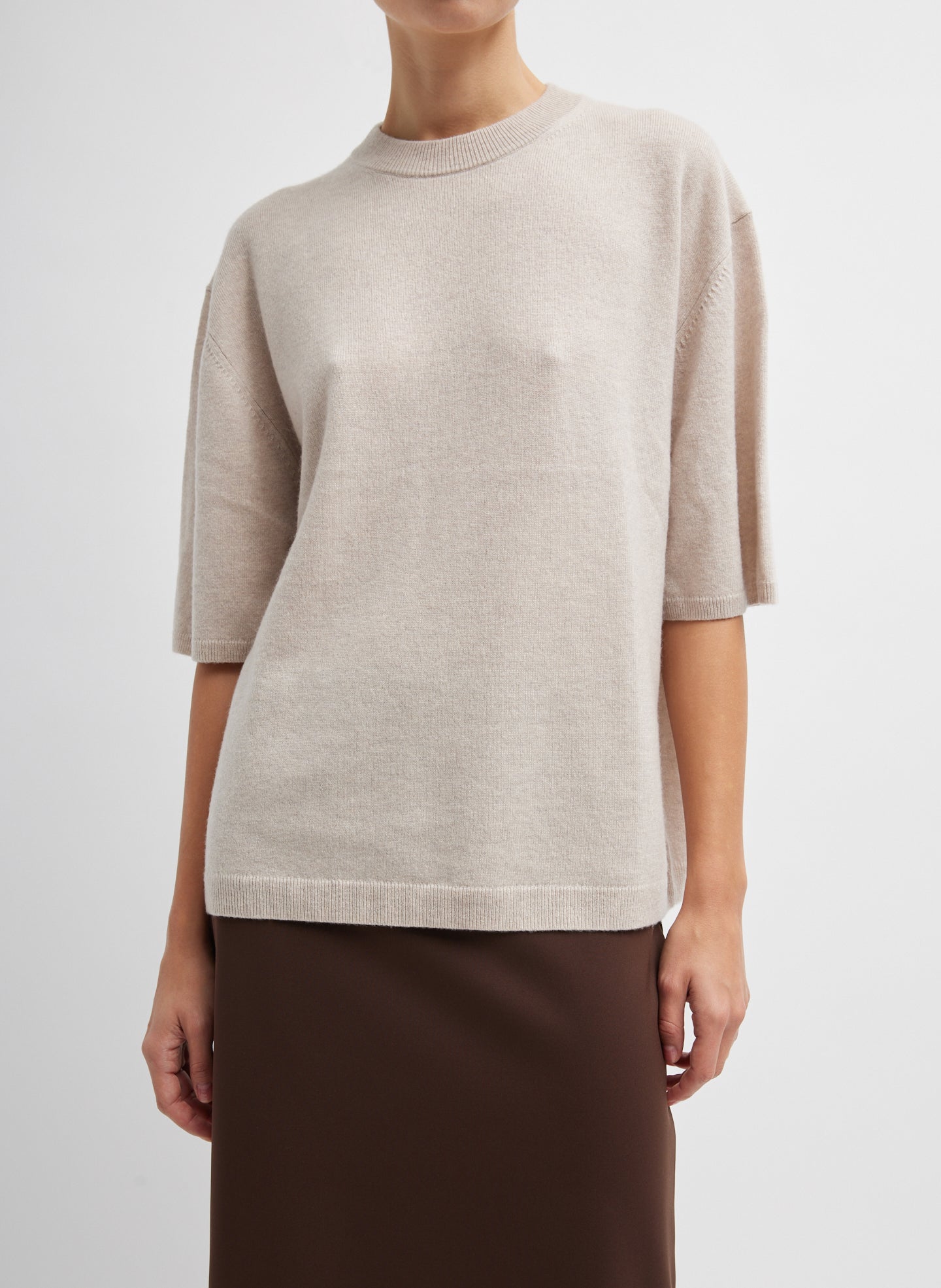 Oatmeal Melange Washable Cashmere Oversized Easy T-Shirt - sweater tee, front view on model