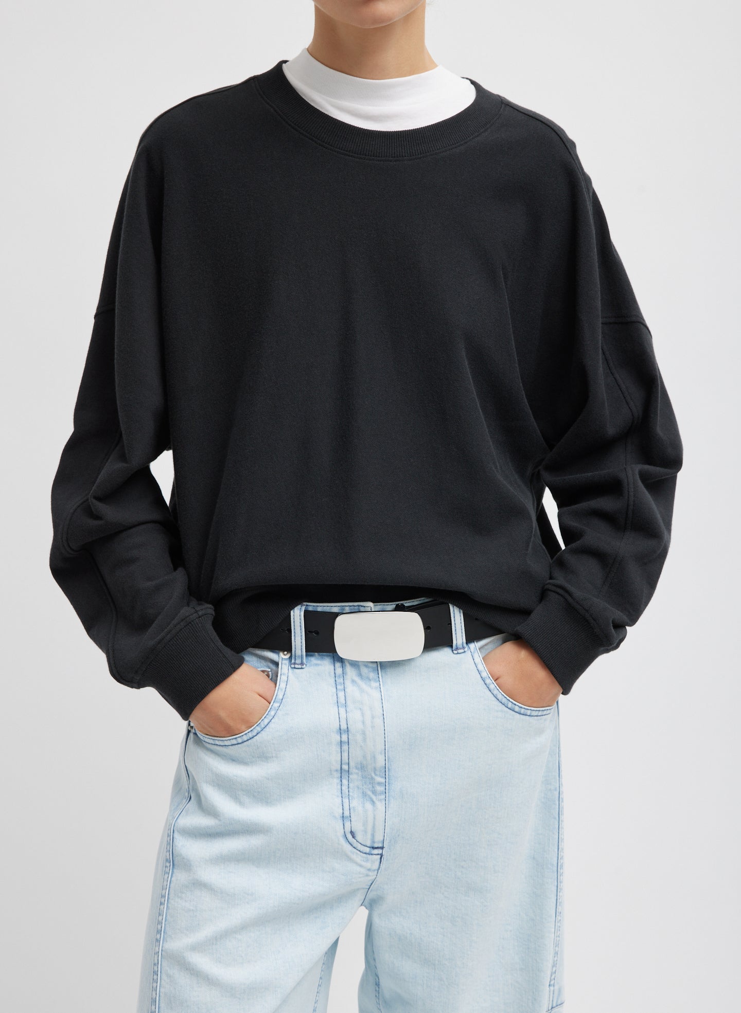 Black Light Weight Sweatshirting Crewneck Sweatshirt - front view on model