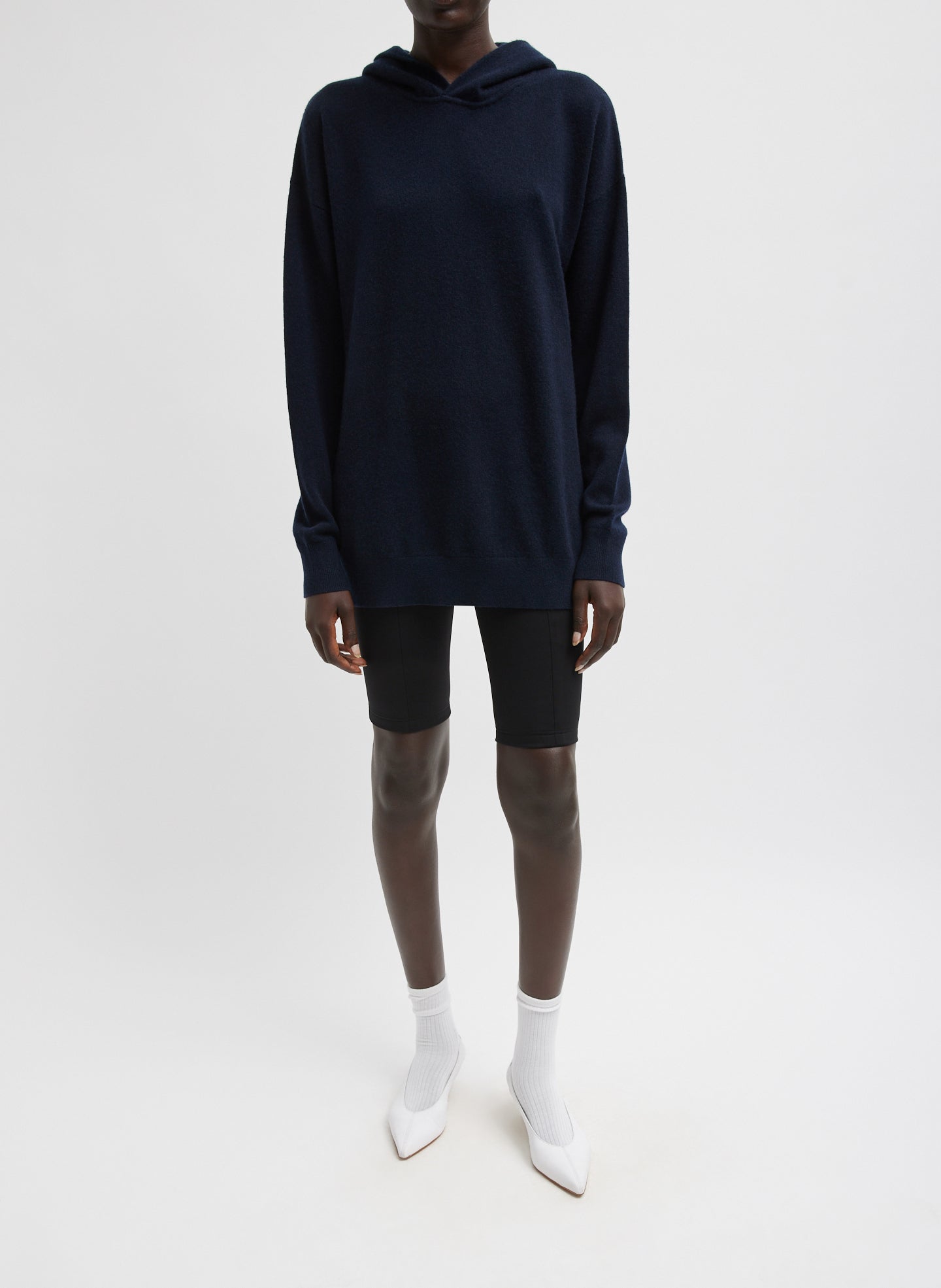 Navy Washable Cashmere Easy Men's Hoodie - full look, front view on model