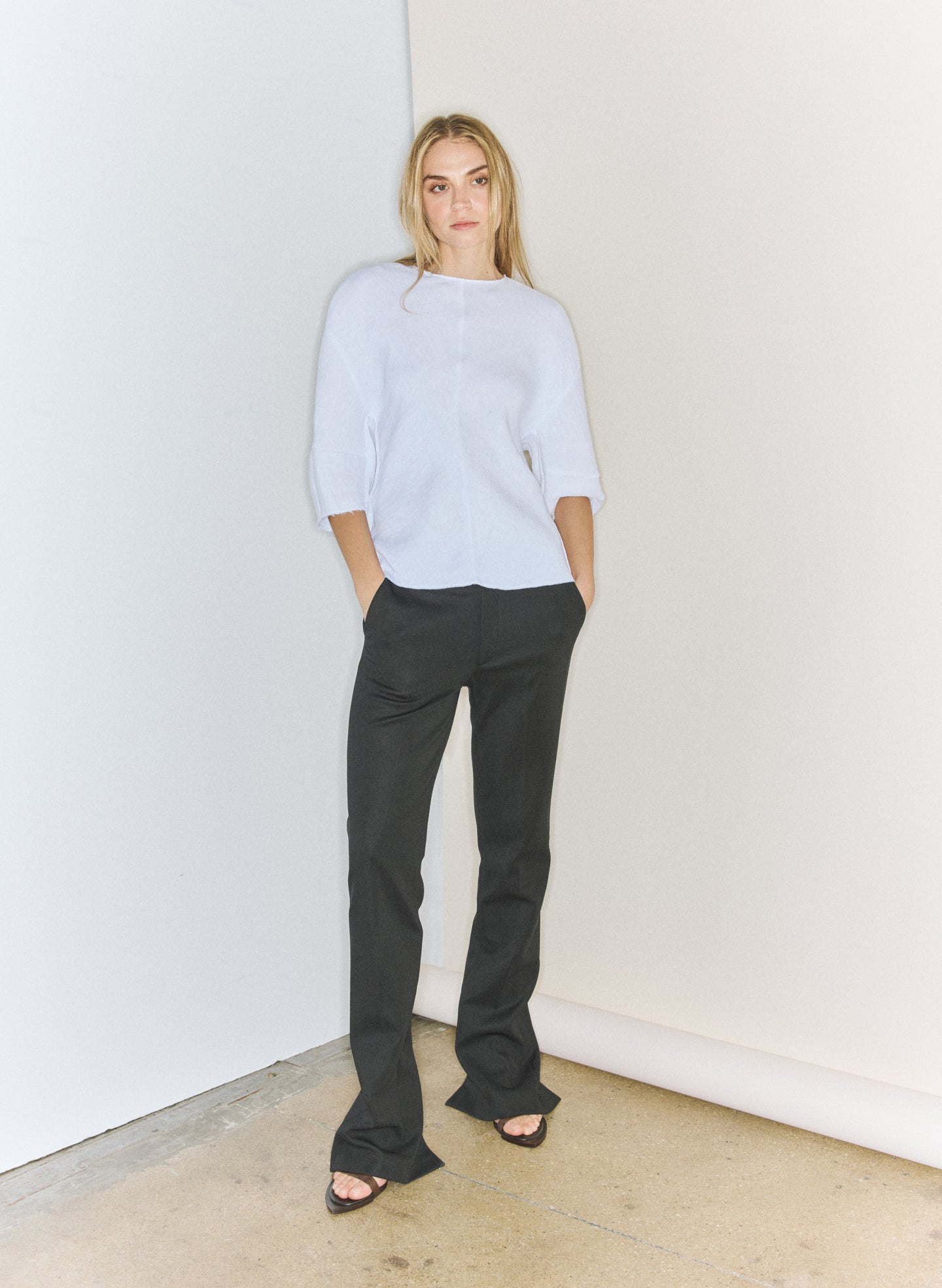 Black Spring Bonded Twill Elfie Trouser With Slits - editorial image on model