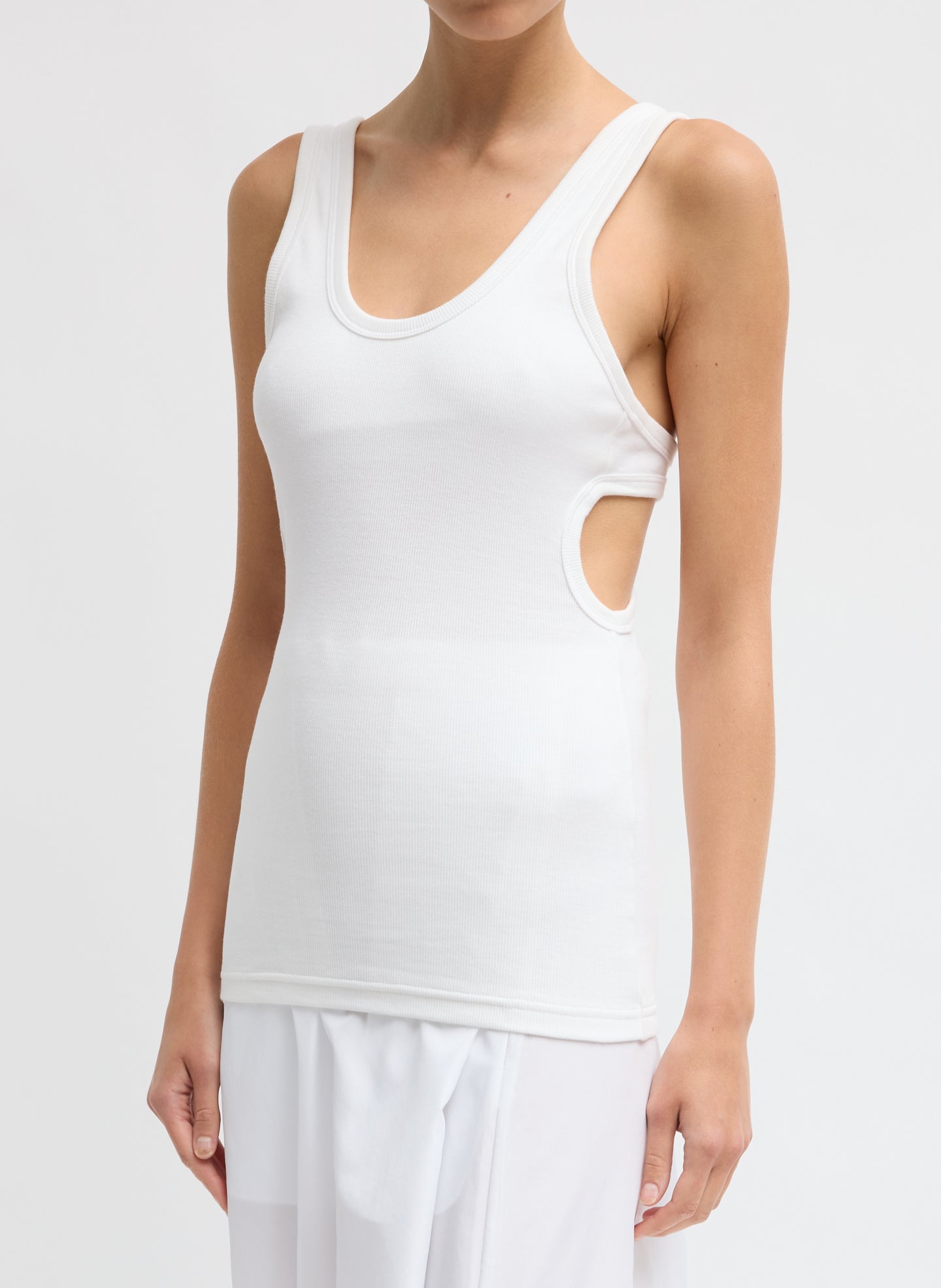 White Ribbed Racerback Tank - front view on model