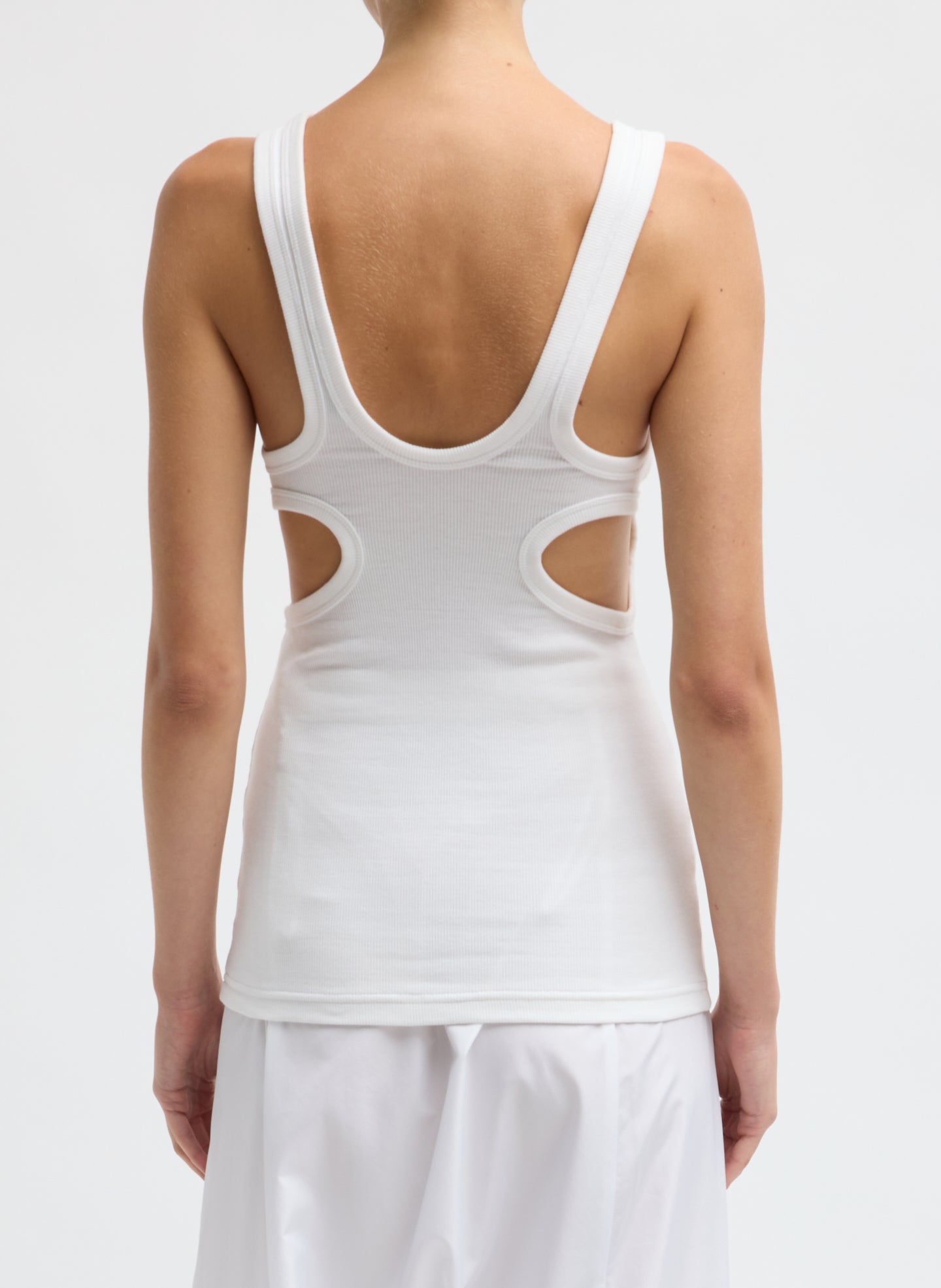 White Ribbed Racerback Tank - back view on model