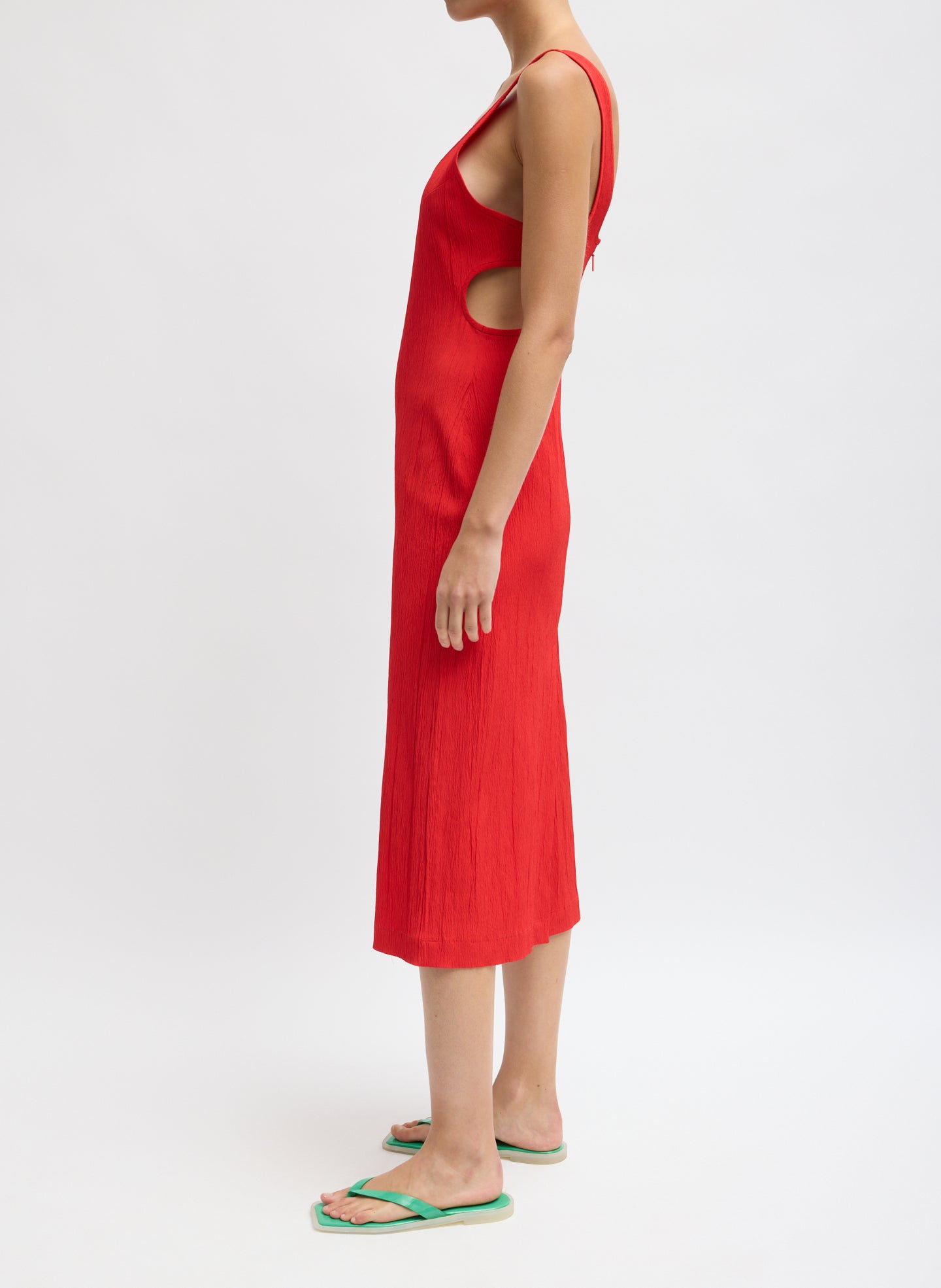 Red Creased Stretch Crepe Racerback Dress - side view on model