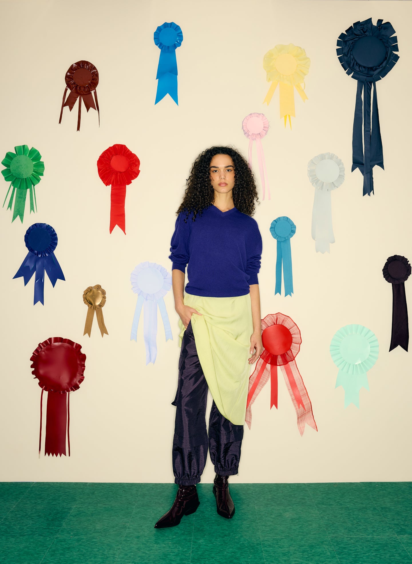 Bright Ink Blue Washable Cashmere Easy V-Neck Sweater - editorial campaign on model