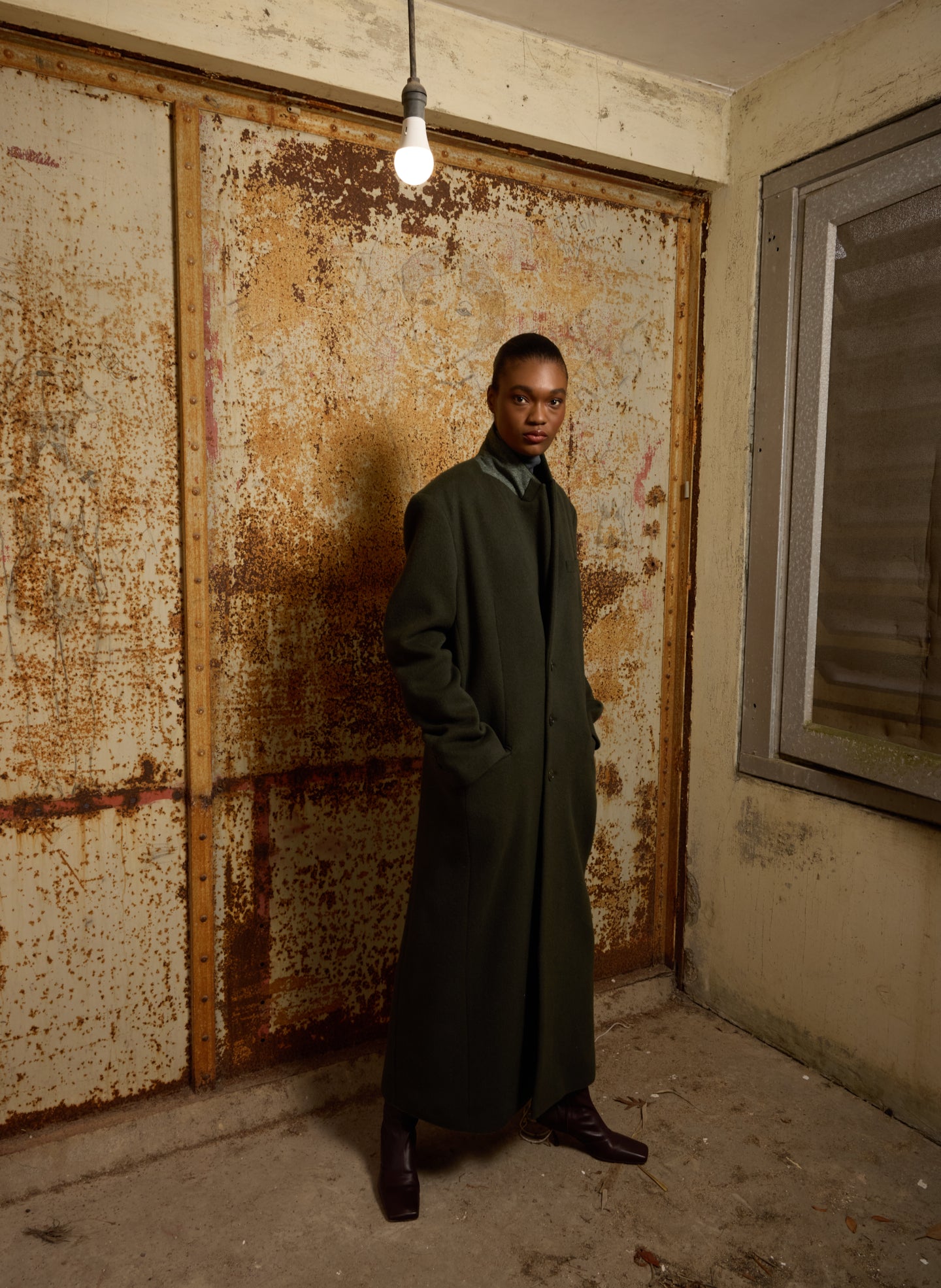Loden Wool Coating Tailored Men's Maxi Coat - editorial image on model