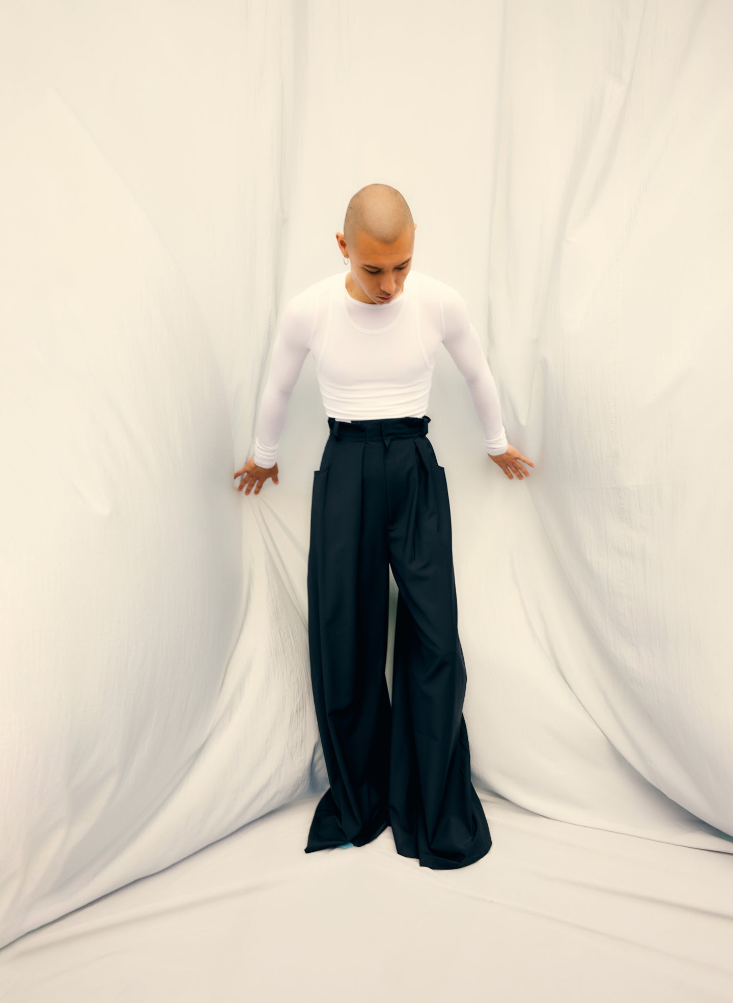 White Circular Ribbed Crewneck Pullover T-Shirt - editorial campaign on model