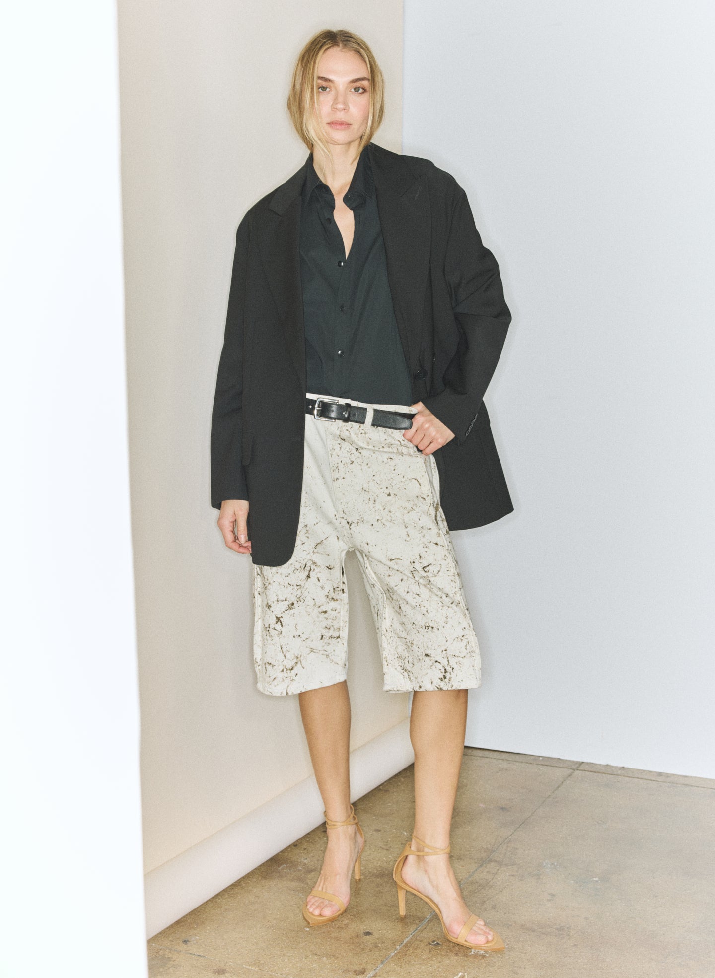 Ivory Multi Calcimin Denim Tuck Jean Shorts - editorial campaign on model