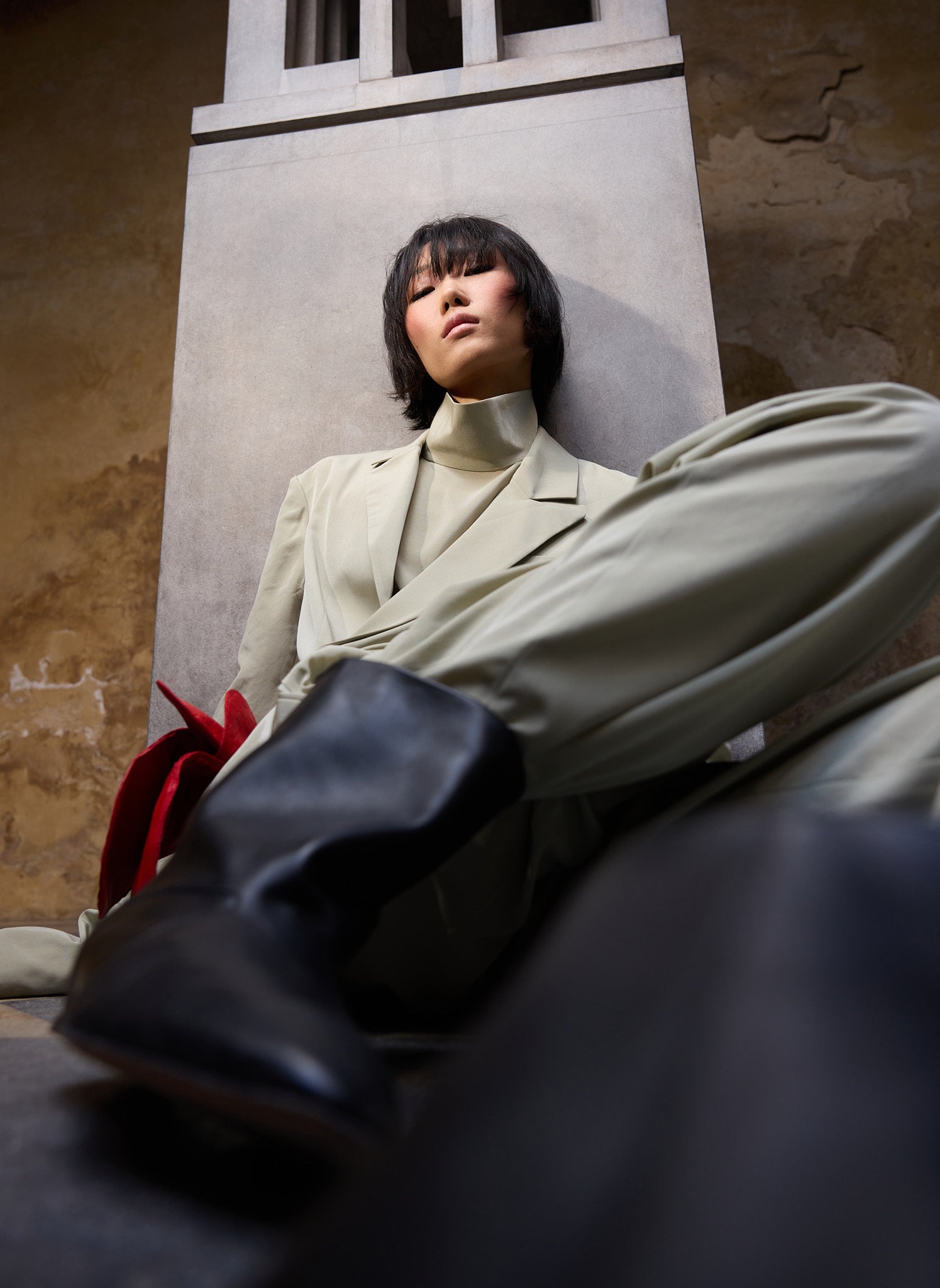 Moss Grey Relaxed Suiting - editorial campaign, on model