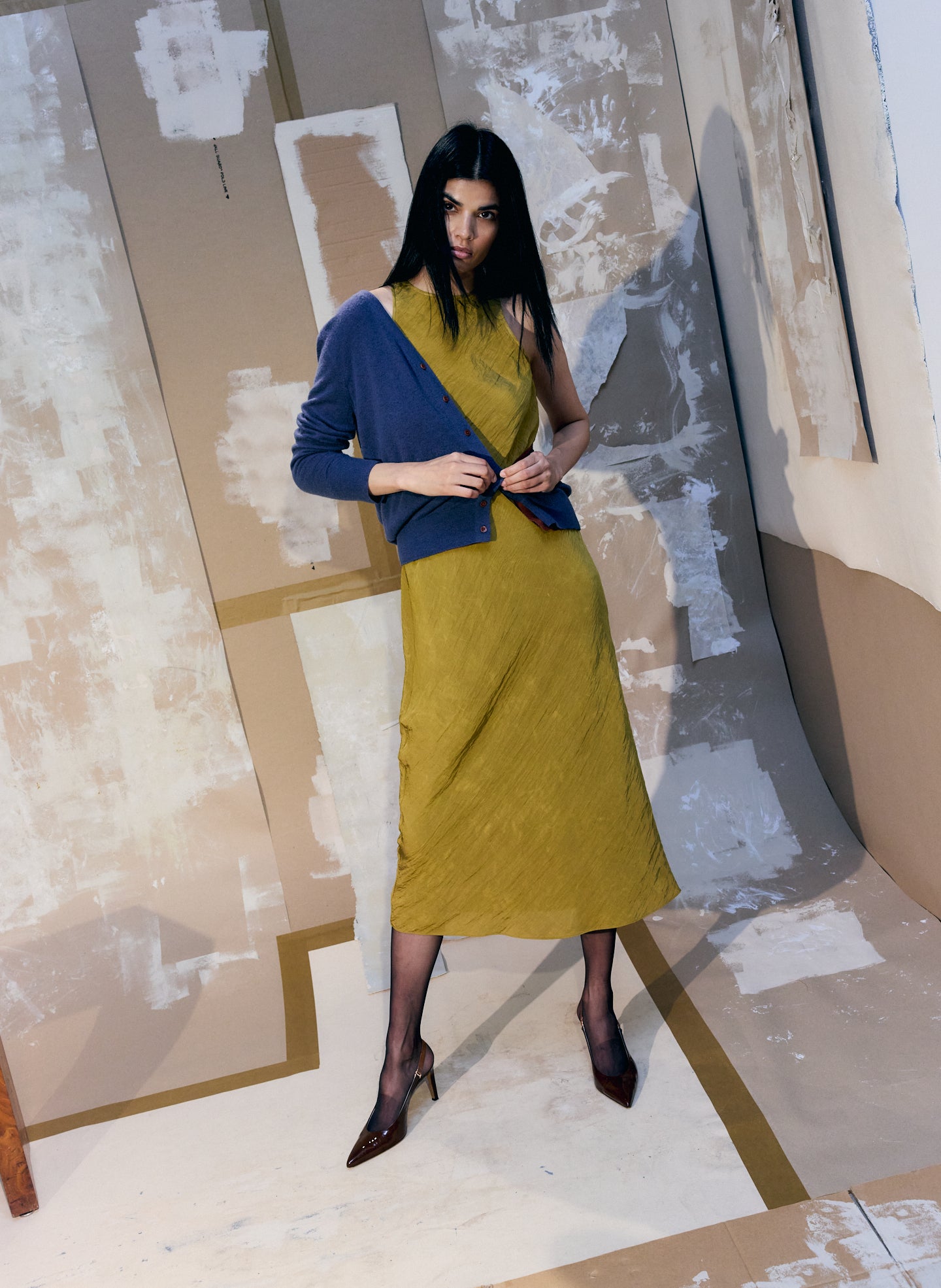Mustard Yellow Crinkle Slip Midi Bias Dress - editorial image on model