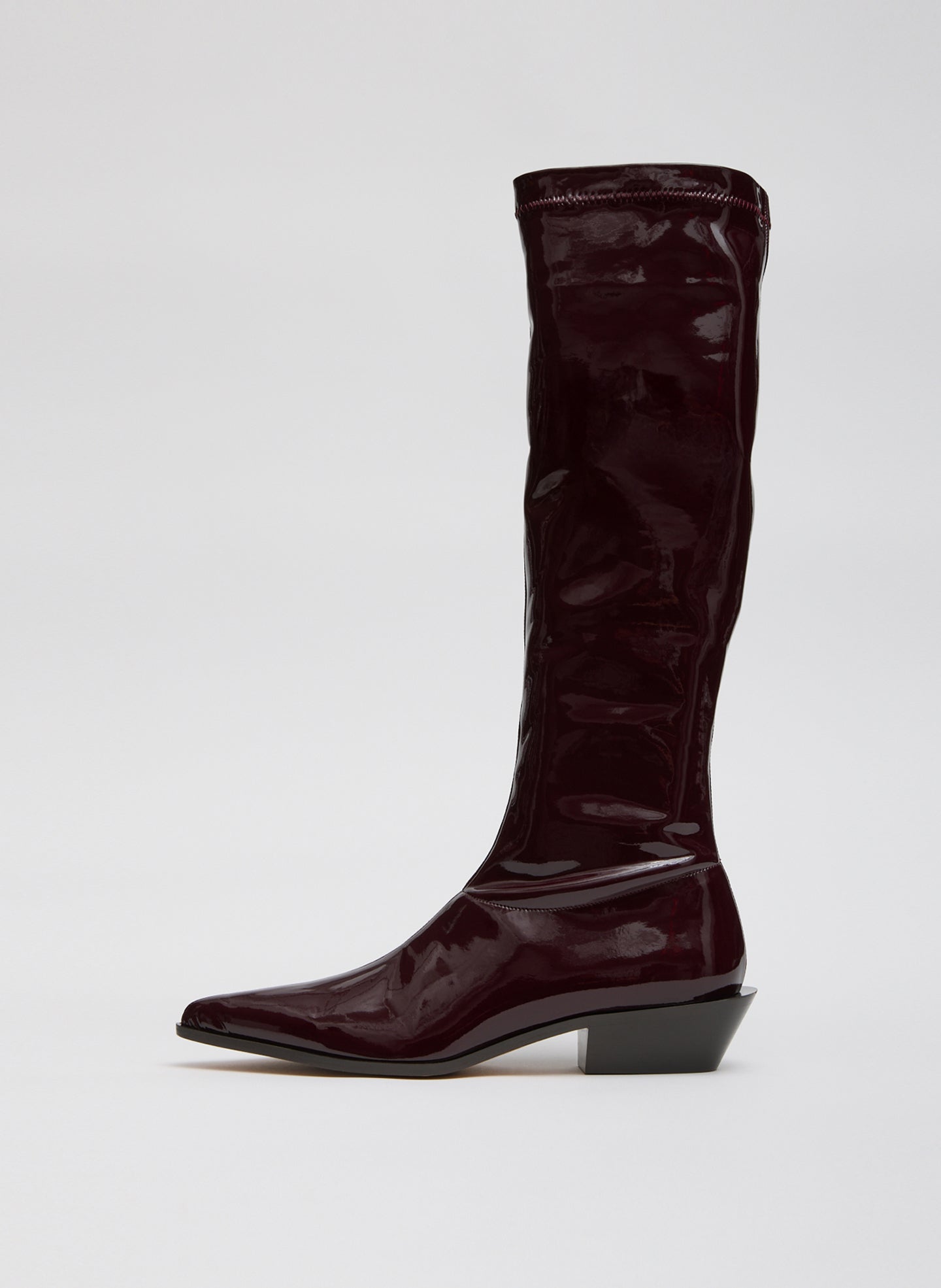 Deep Red Bronson Boot - Regular Calf - patent leather, knee high, pointed toe, side view