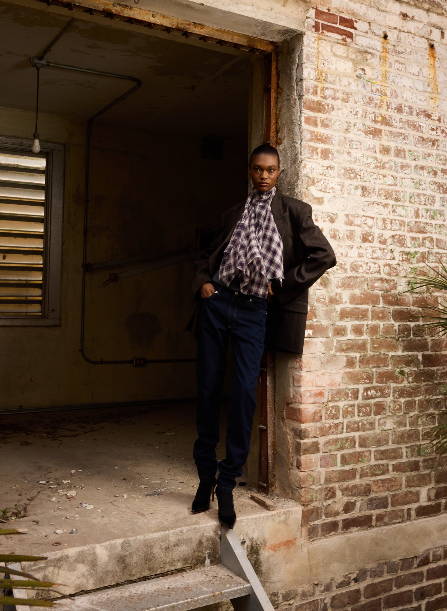 Black and Red Silk Cotton Plaid Cape Tie Top - editorial image on model