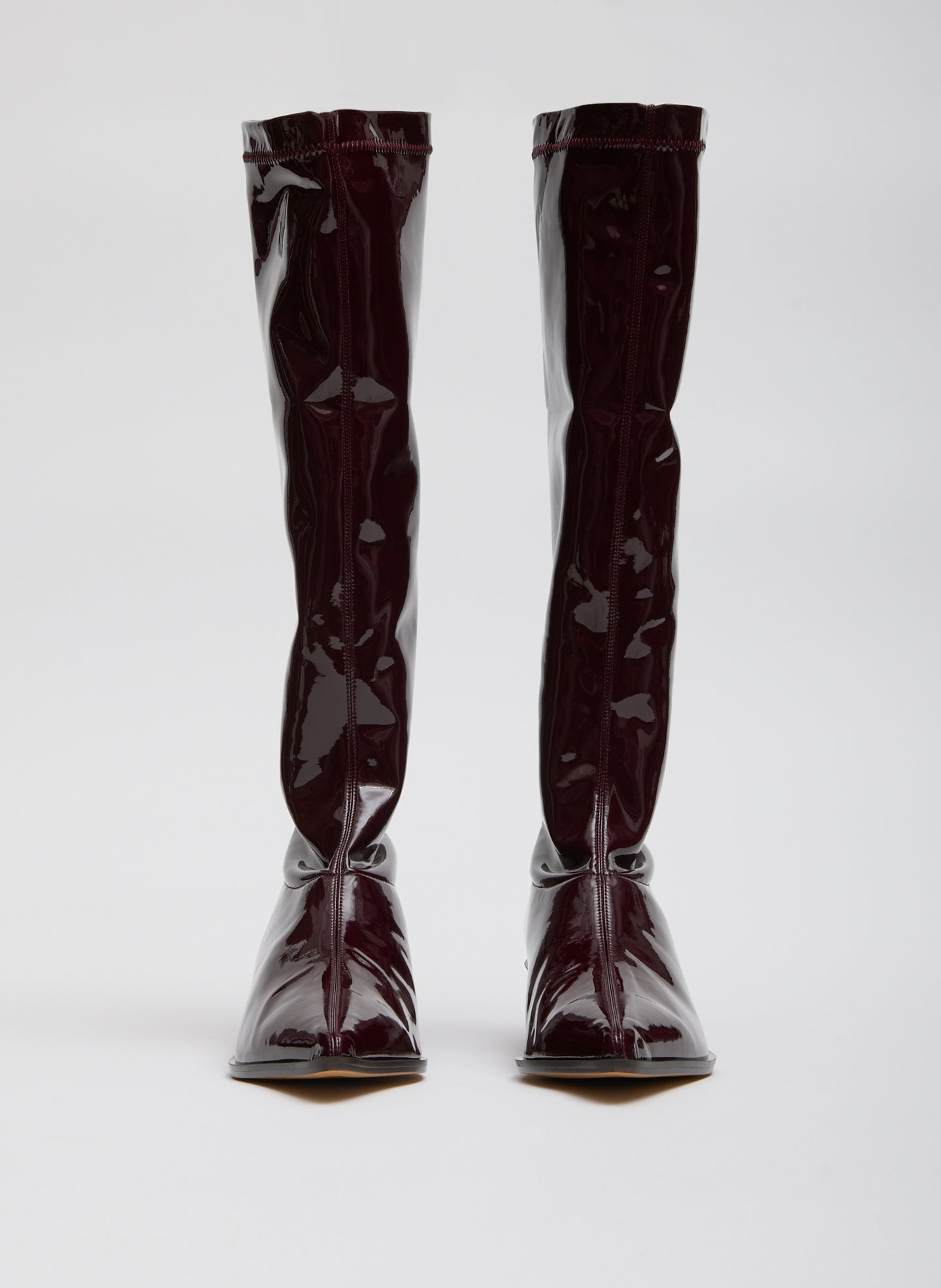 Deep Red Bronson Boot - Regular Calf - patent leather, knee high, pointed toe, front view