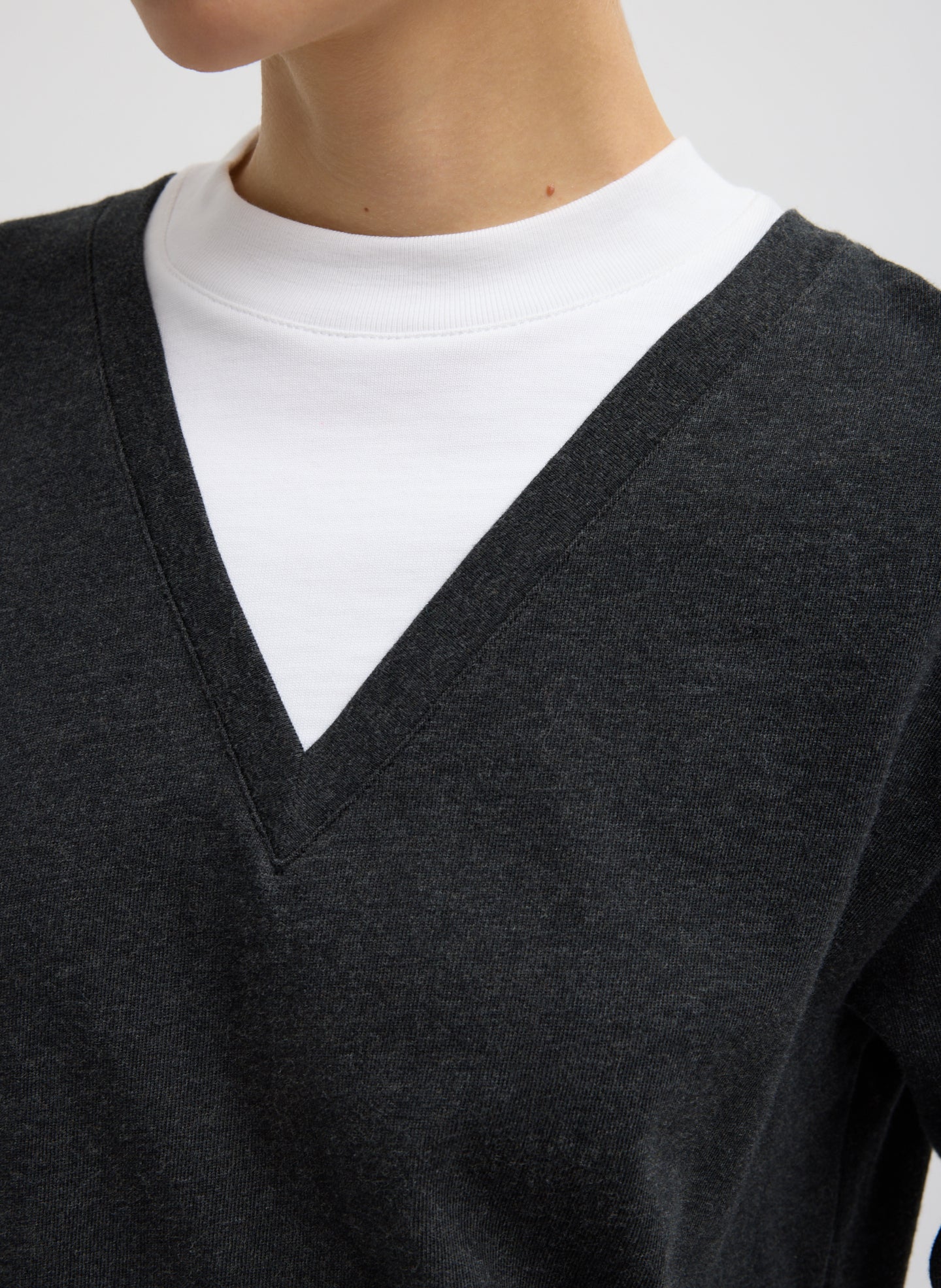 Grey Perfect T-Shirt Trompe L'oeil Top - closeup of neckline