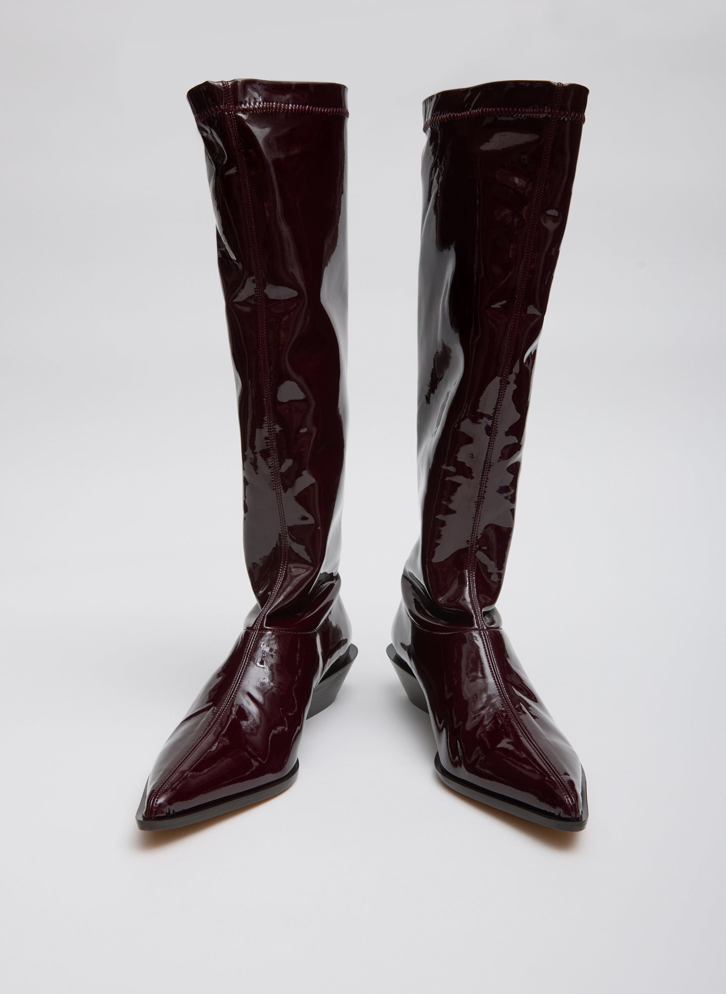 Deep Red Bronson Boot - Regular Calf - patent leather, knee high, pointed toe, front view
