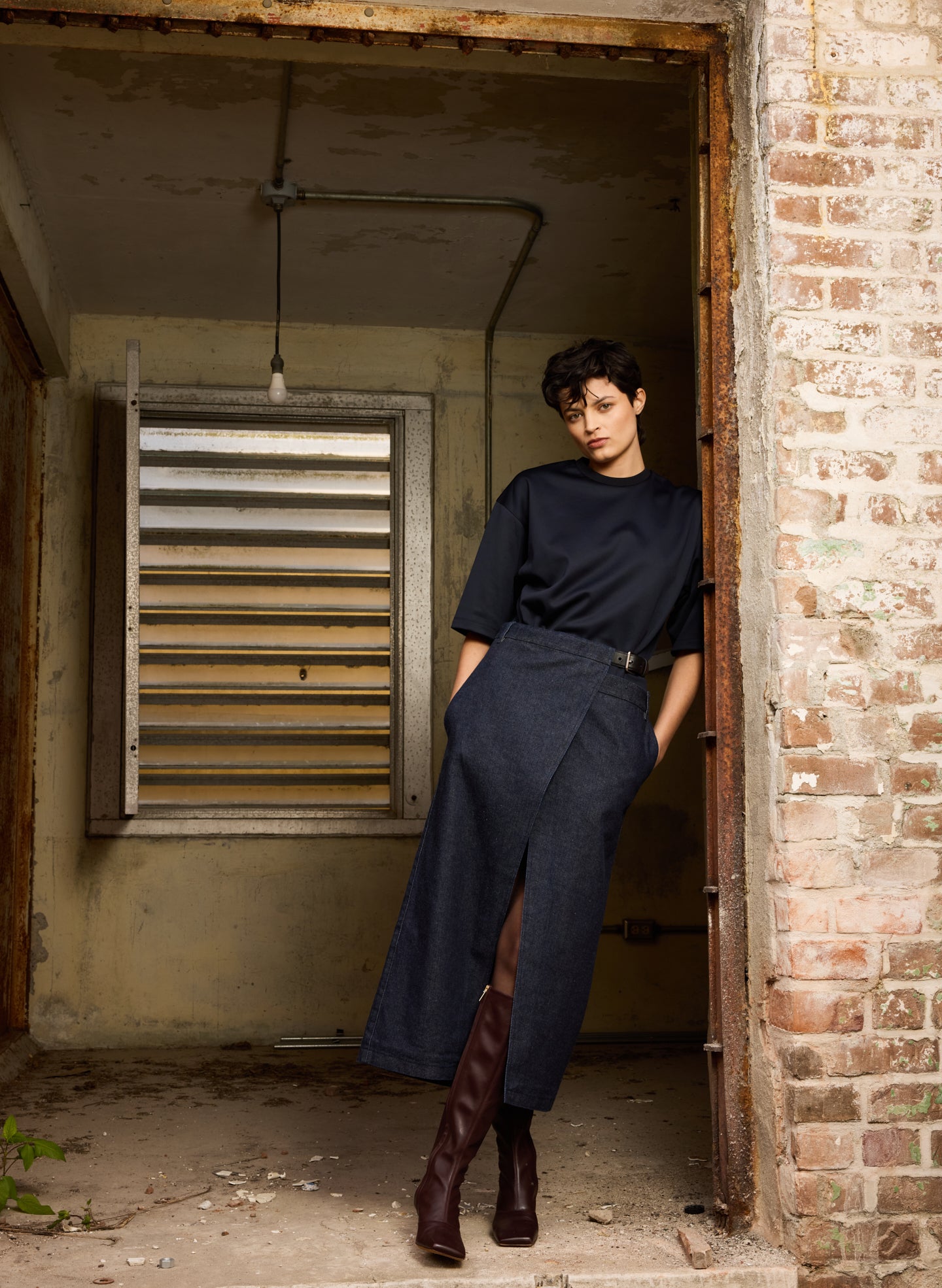 Indigo Denim Double Apron Skirt - editorial image on model