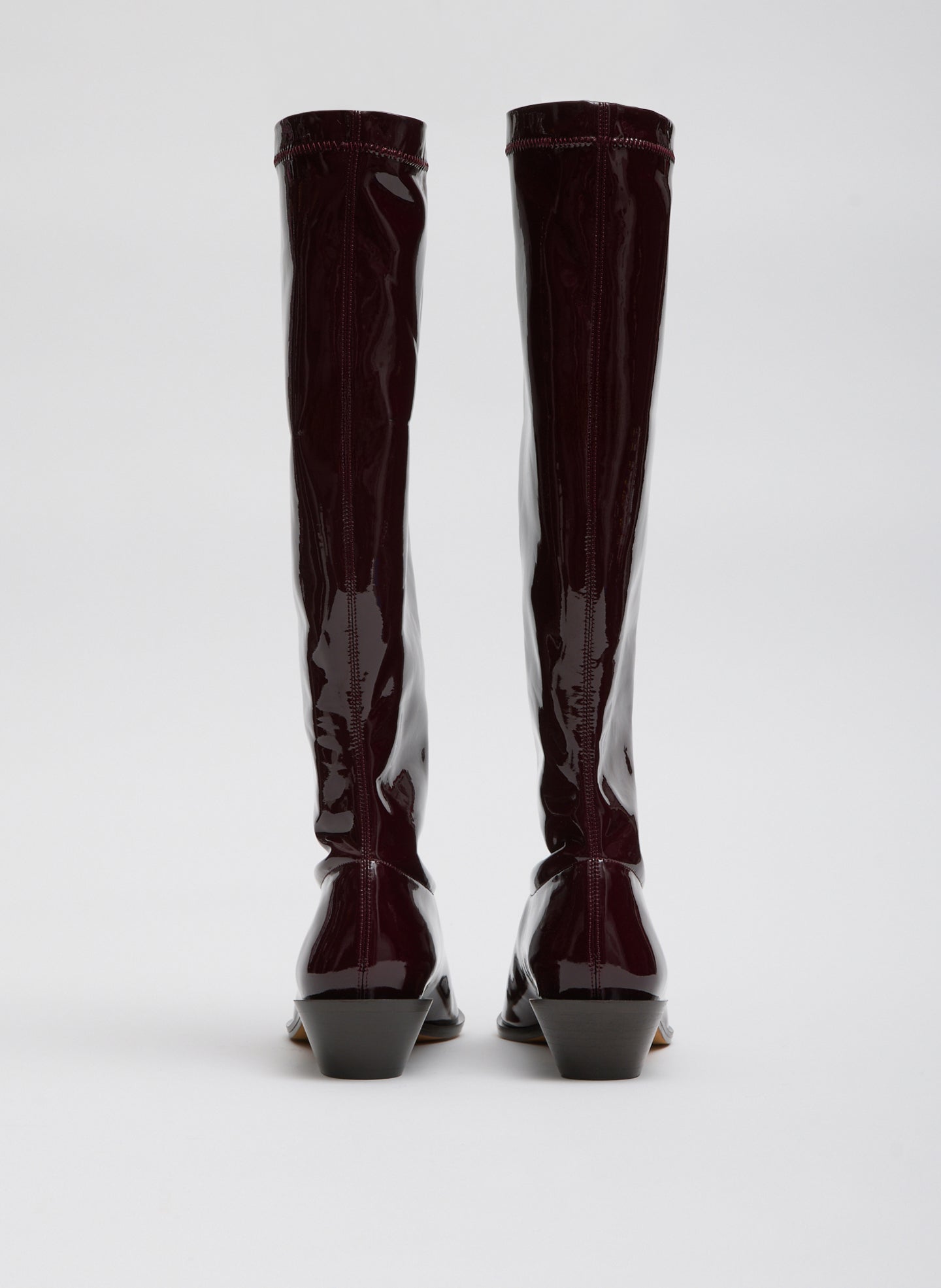 Deep Red Bronson Boot - Regular Calf - patent leather, knee high, pointed toe, back view