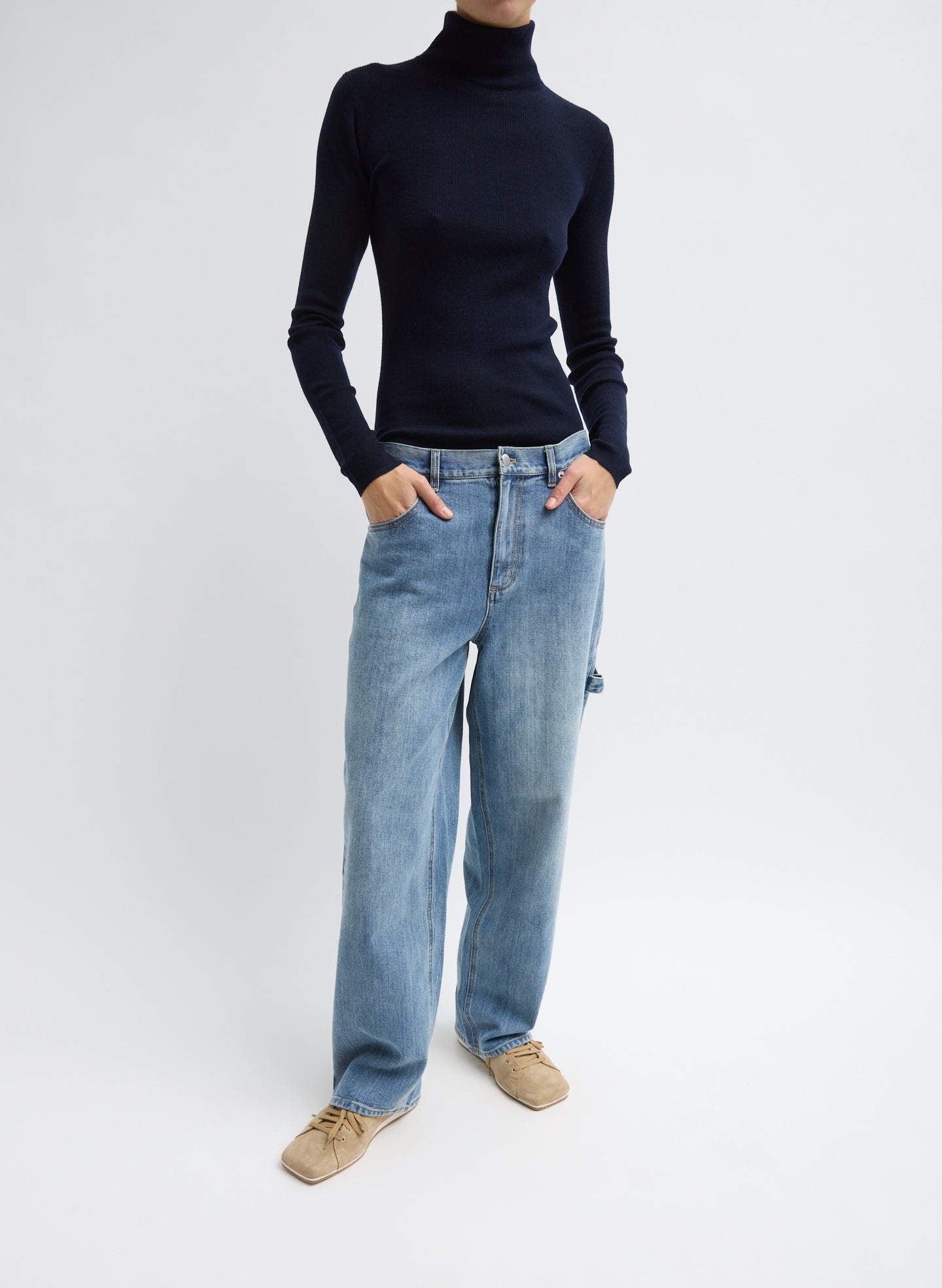 Navy Featherweight Ribbed Sweater Turtleneck Pullover - full look, front view on model