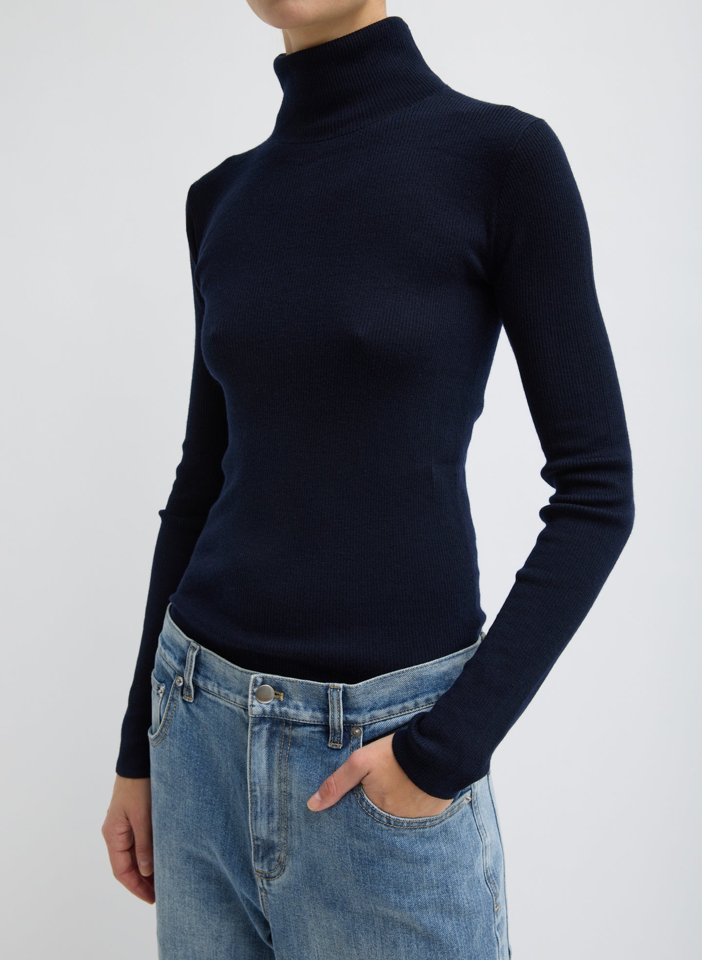 Navy Featherweight Ribbed Sweater Turtleneck Pullover - lightweight, front view on model