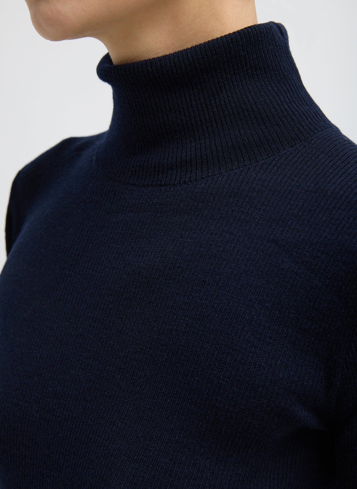 Navy Featherweight Ribbed Sweater Turtleneck Pullover - closeup of neckline