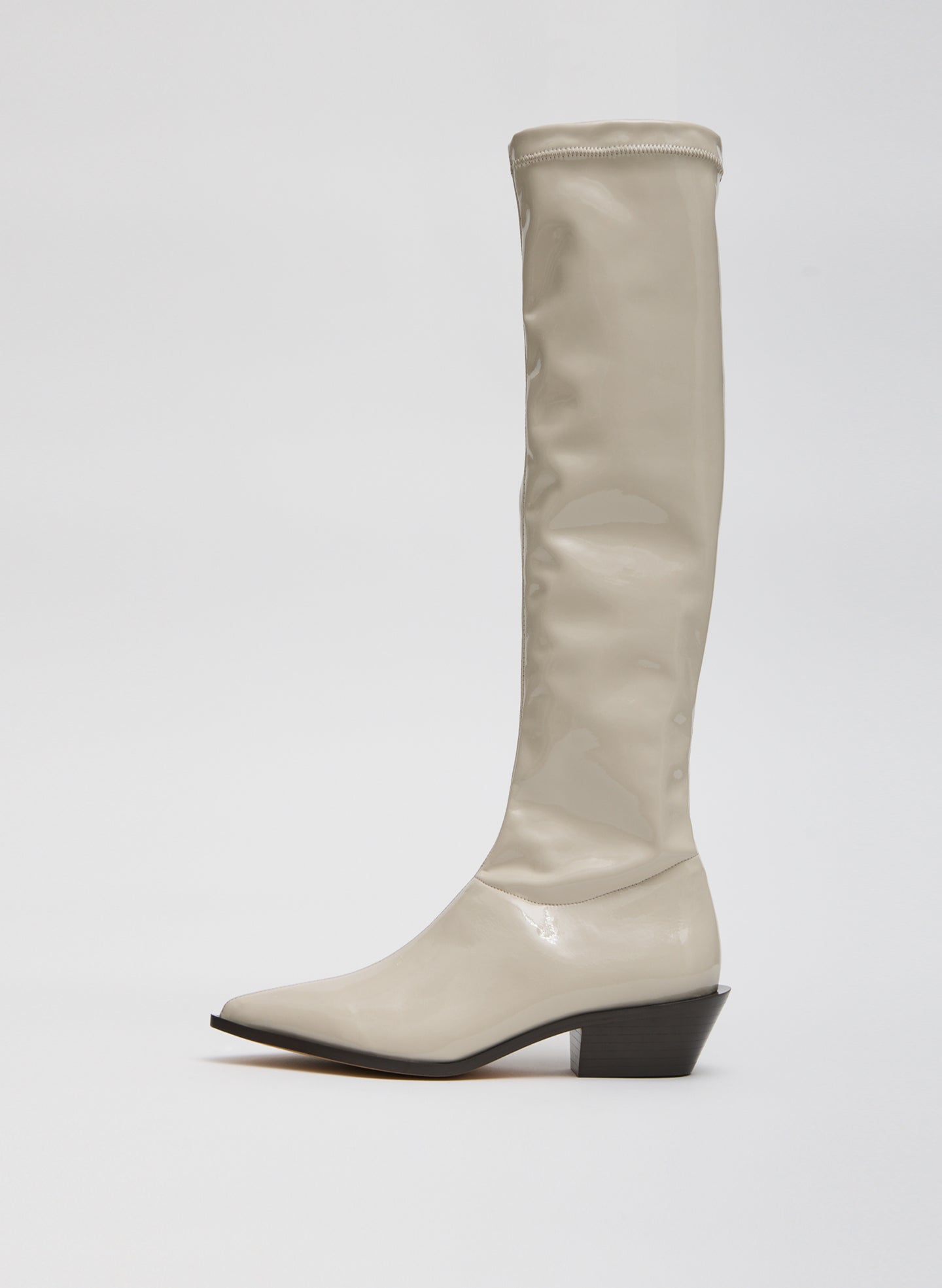 Taupe Bronson Boot - Narrow Calf - patent leather, knee high, pointed toe, side view