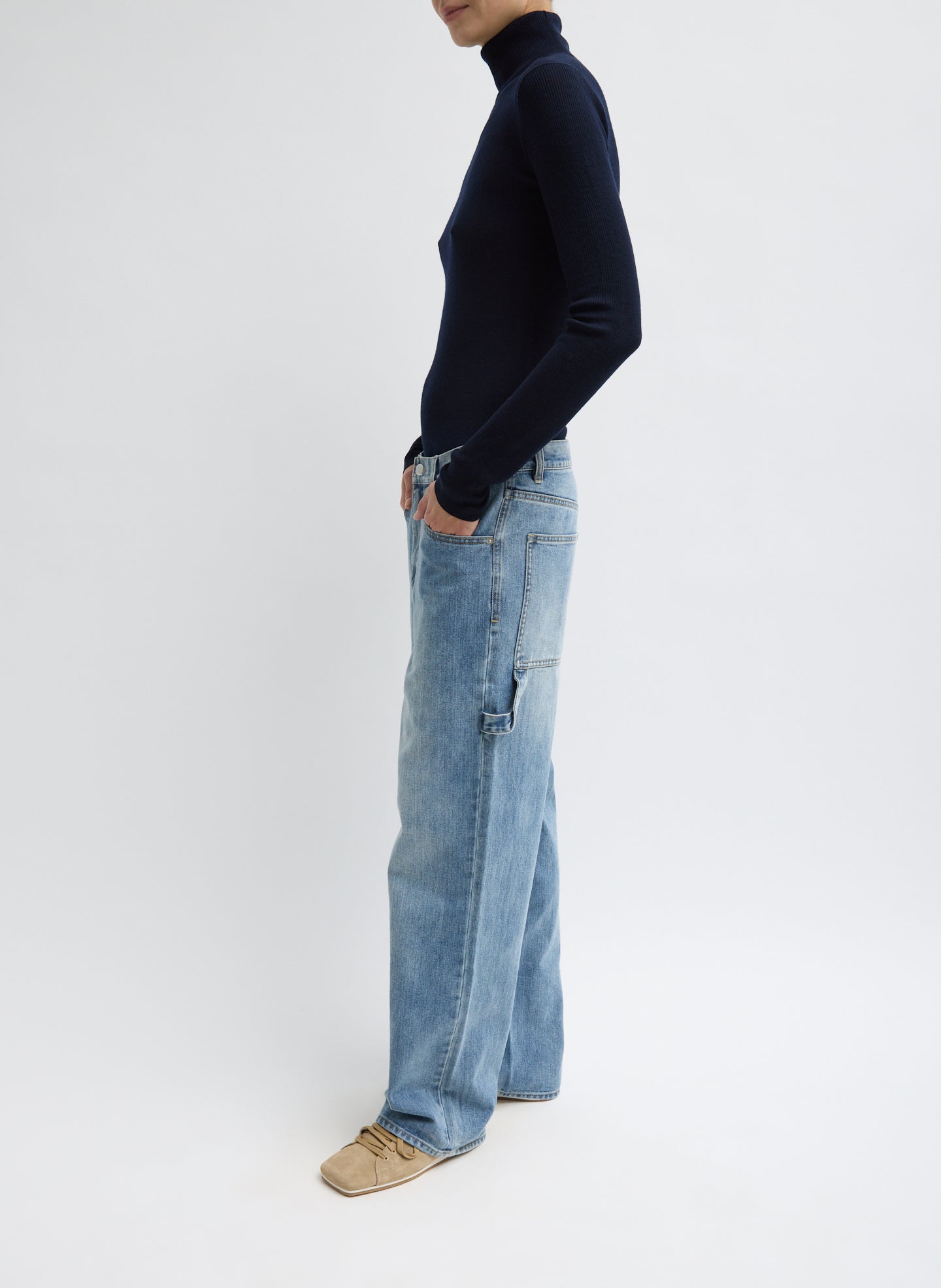Navy Featherweight Ribbed Sweater Turtleneck Pullover - full look, side view on model
