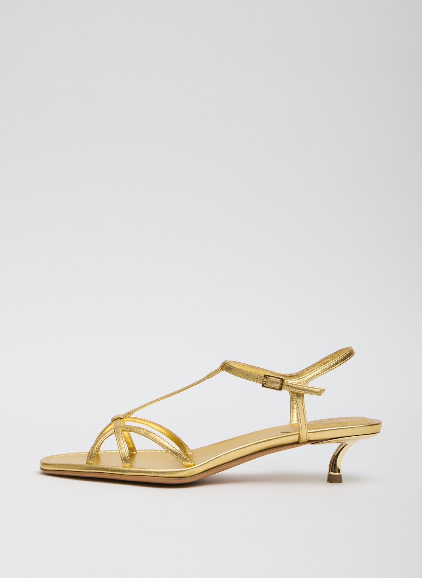 Gold Christopher Metallic Nappa Heel - heeled leather sandal, side view