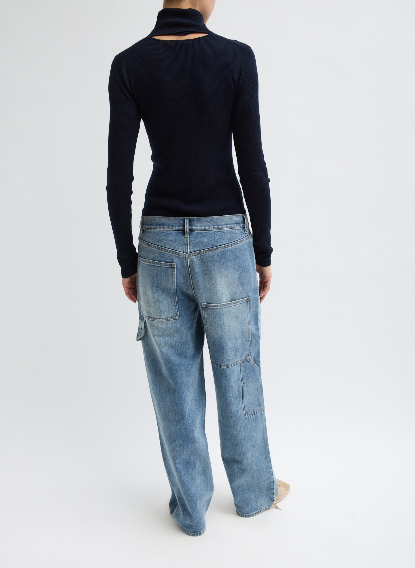 Navy Featherweight Ribbed Sweater Turtleneck Pullover - full look, back view on model