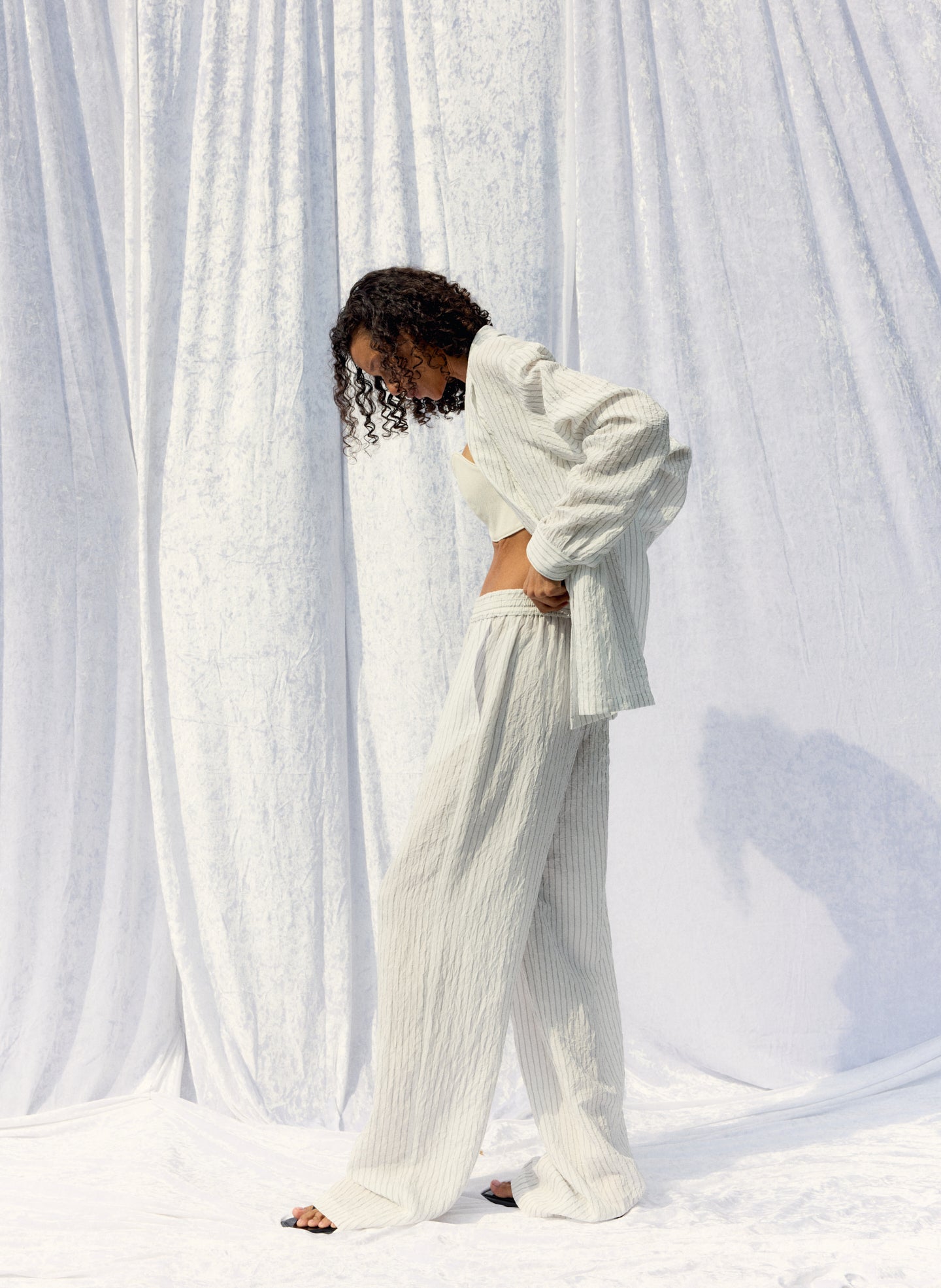 Ivory Multi Crinkle Stripe Summer Suiting Wide Leg Pull On Pant - editorial image on model