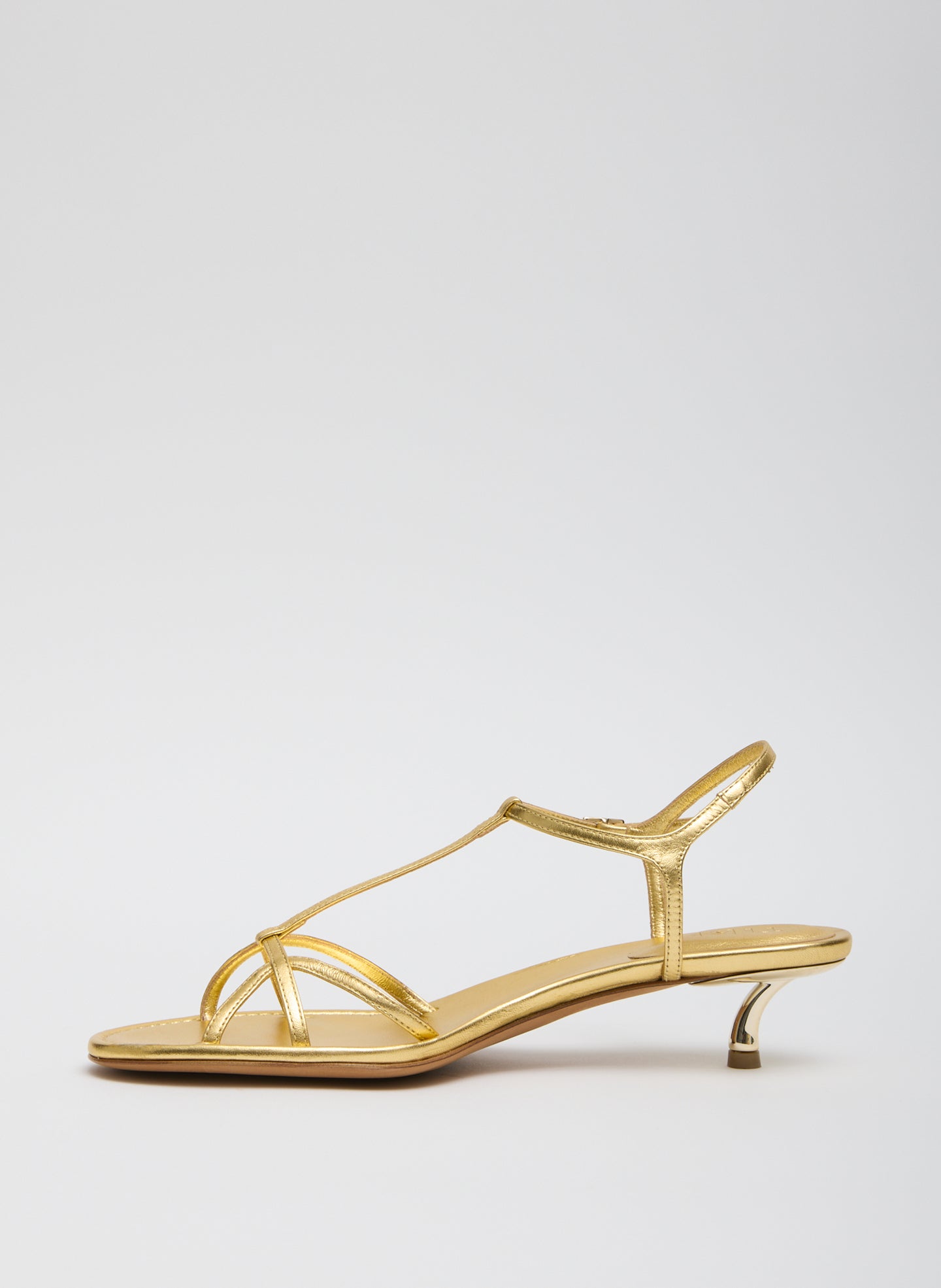 Gold Christopher Metallic Nappa Heel - heeled leather sandal, side view