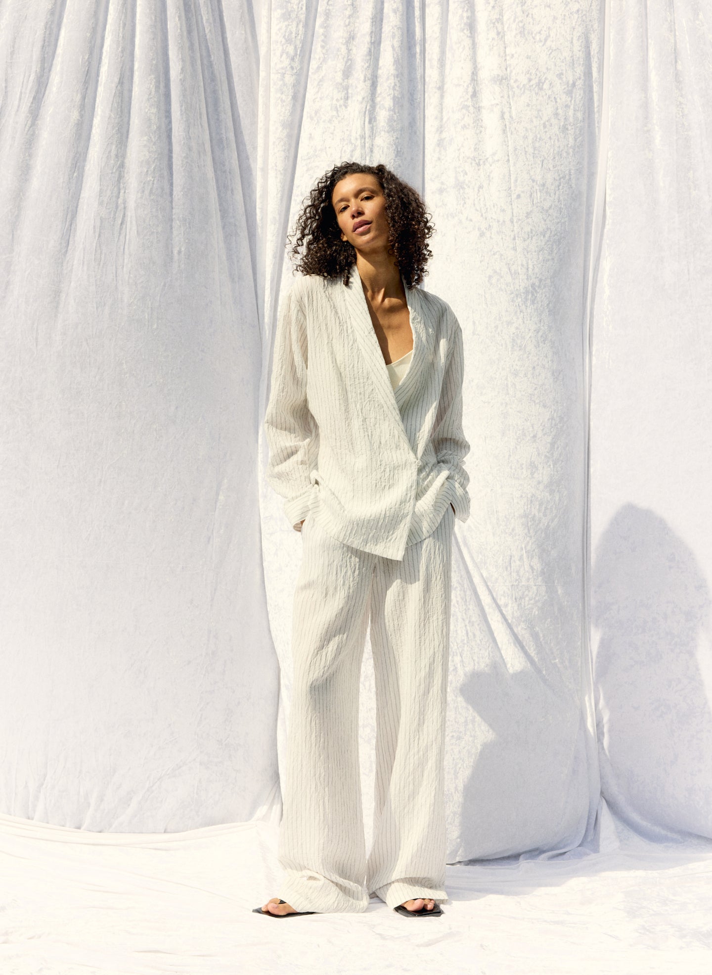 Ivory Multi Crinkle Stirpe Summer Suiting Shawl Collar Blazer - editorial image on model