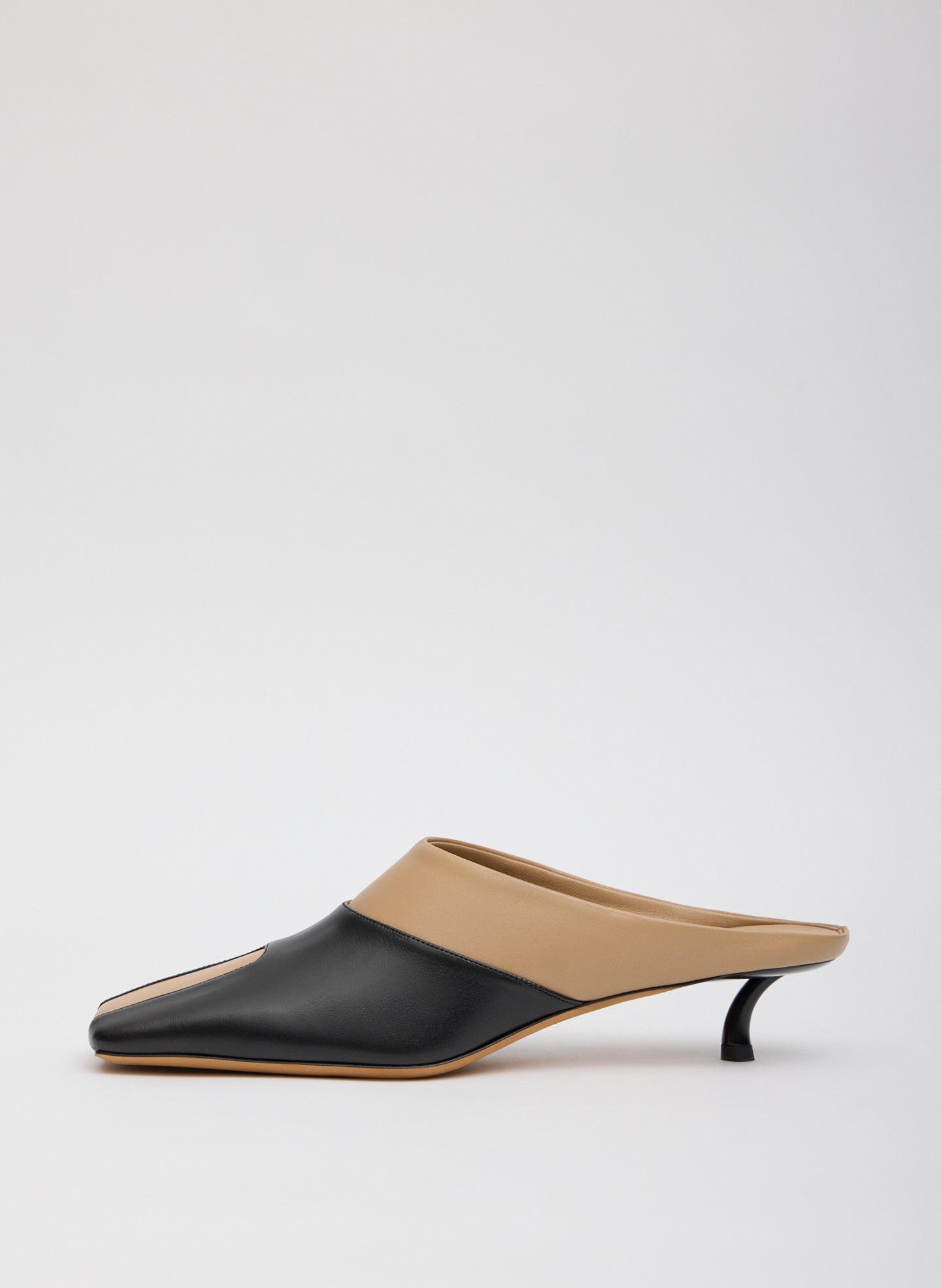 Two Tone Beige and Black Leather Gwinnett Heeled Mules - side view